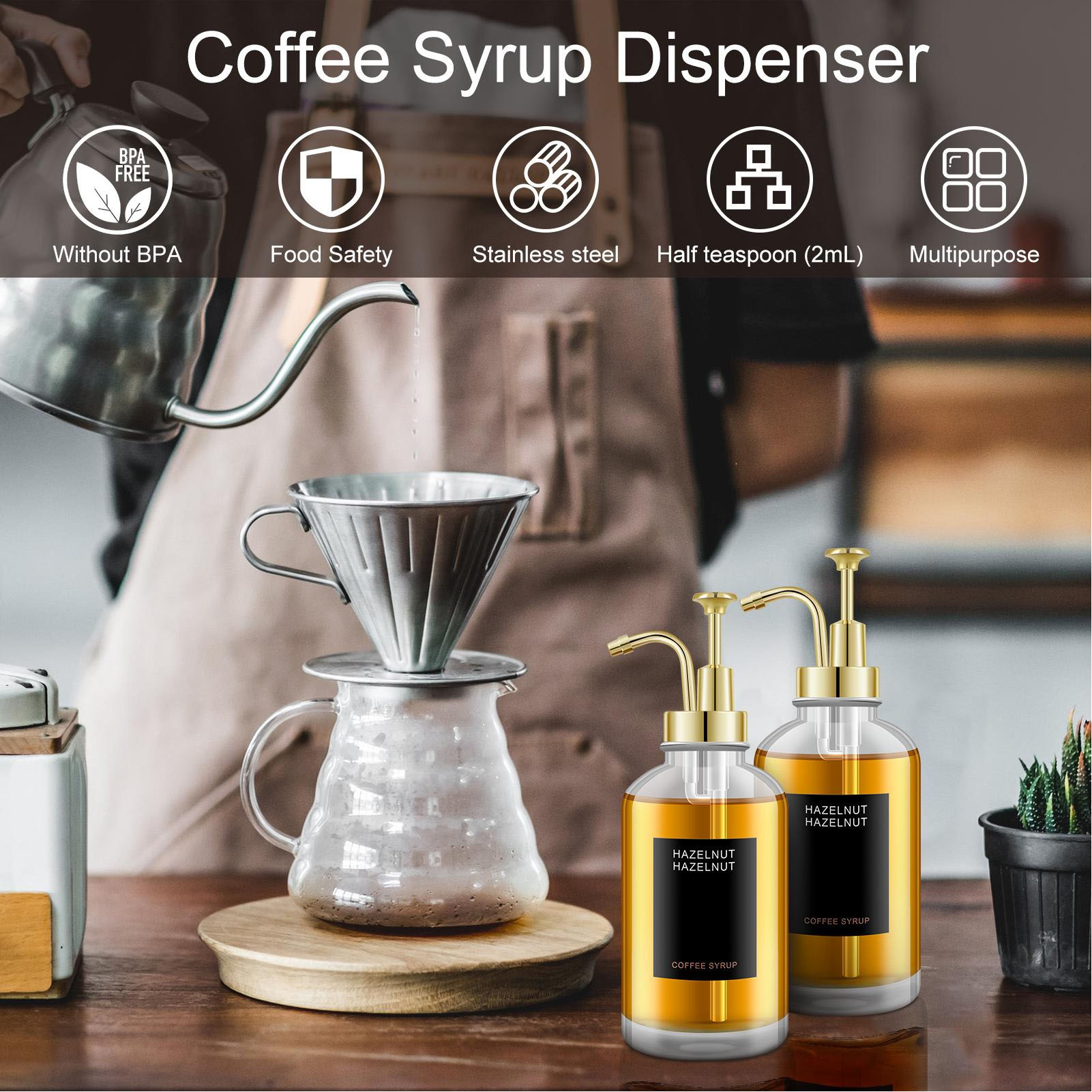 2-teiliges Kaffeesirup-spender-set Mit 9 Etiketten Und Einem Silikontrichter In Einer 500-ml-sirupflasche Aus Klarglas.