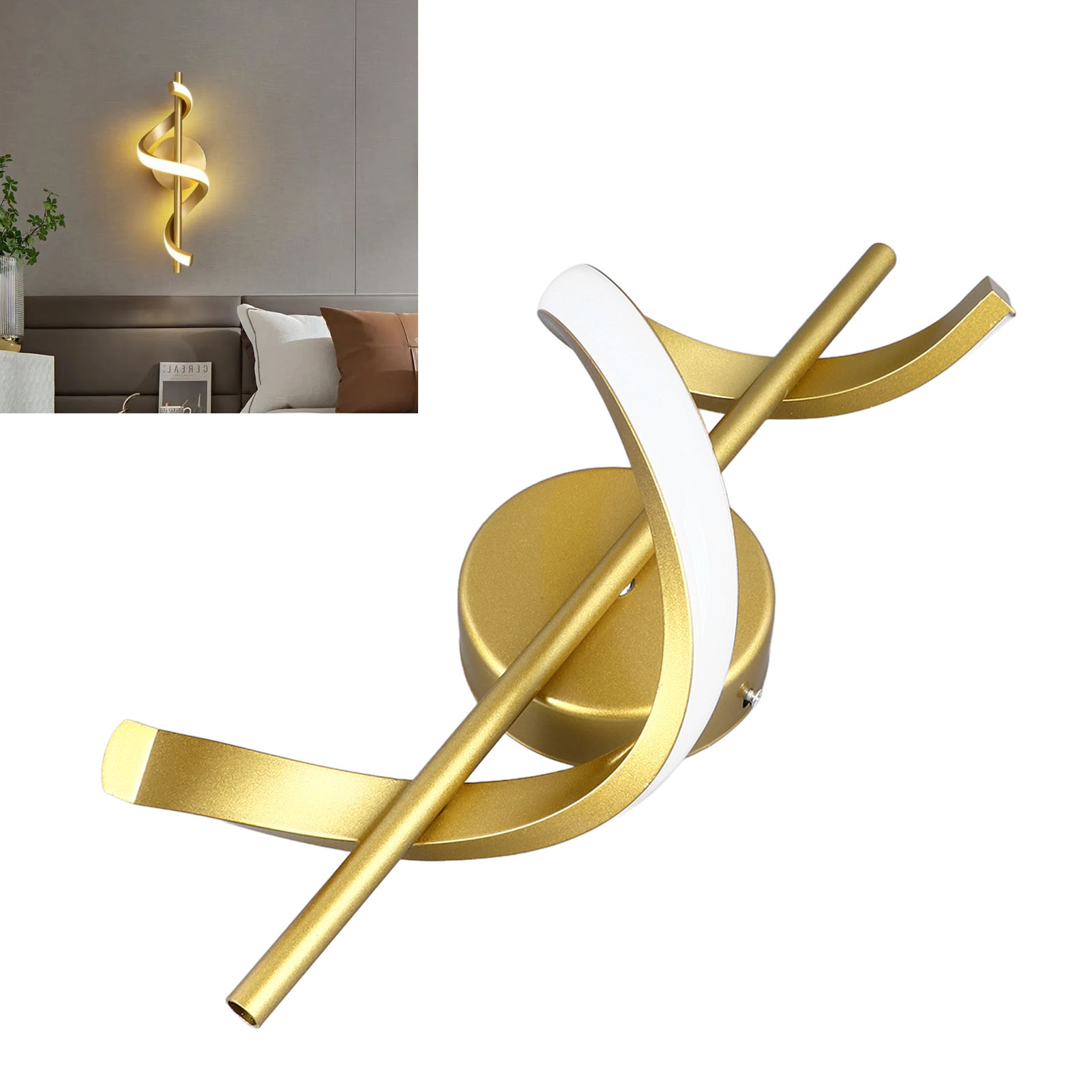 Moderne Spiralförmige Led-wandleuchte, Nachttischlampe, Goldene Spiralförmige Wandleuchte, Weißes Licht + Warmes Licht + Neutrales Licht