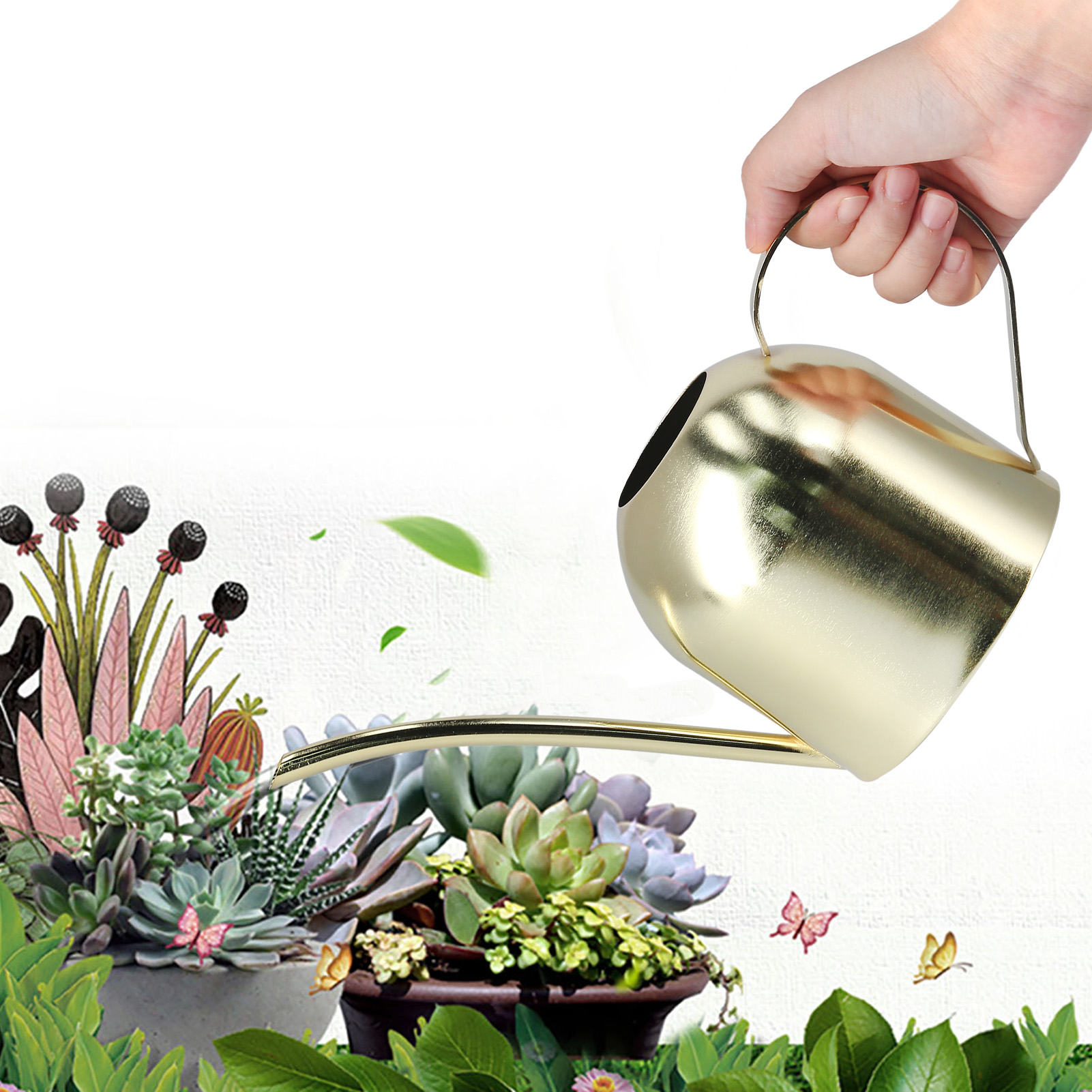 1000 Ml Goldene Edelstahl-gartengießkanne Im Vintage-stil, Ideal Für Sukkulenten Und Grünpflanzen.