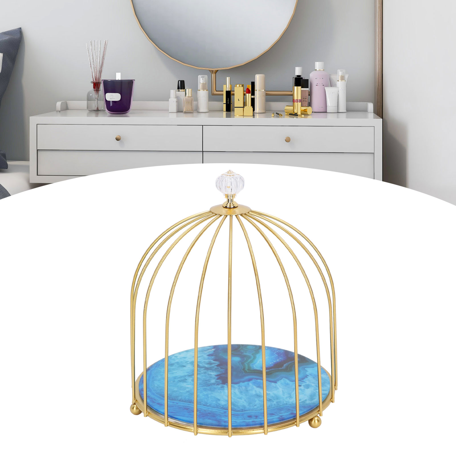 Goldener, Einstöckiger Waschtisch, Schminktisch, Toilettenablage, Vogelkäfigmuster Und Achatstein