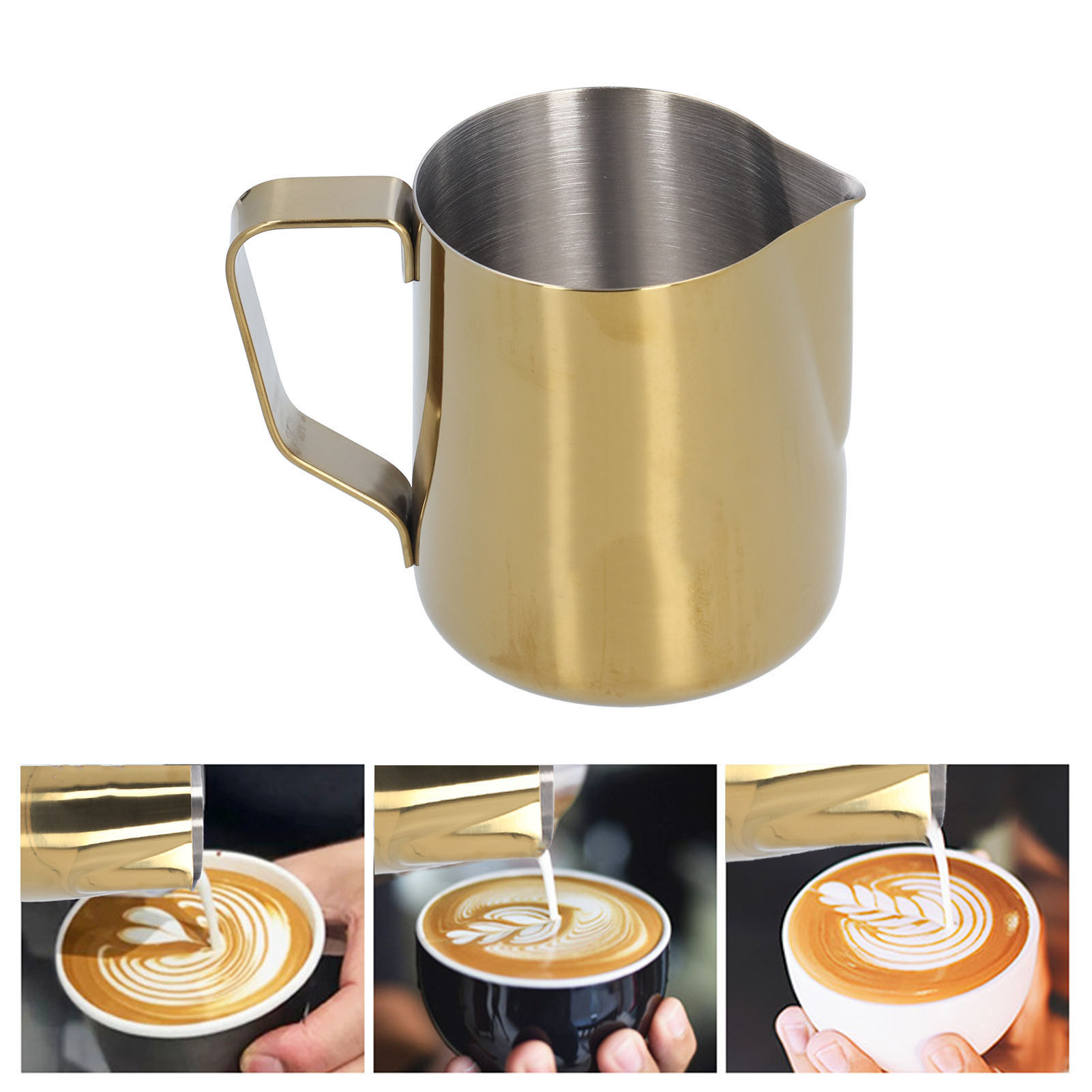 Latte-art-kaffeebecher Aus Edelstahl 304 Mit Spitzem Ausguss, Messbecher, Milchaufschäumer, Goldfarbener Titan-beschichtung, 600 Ml