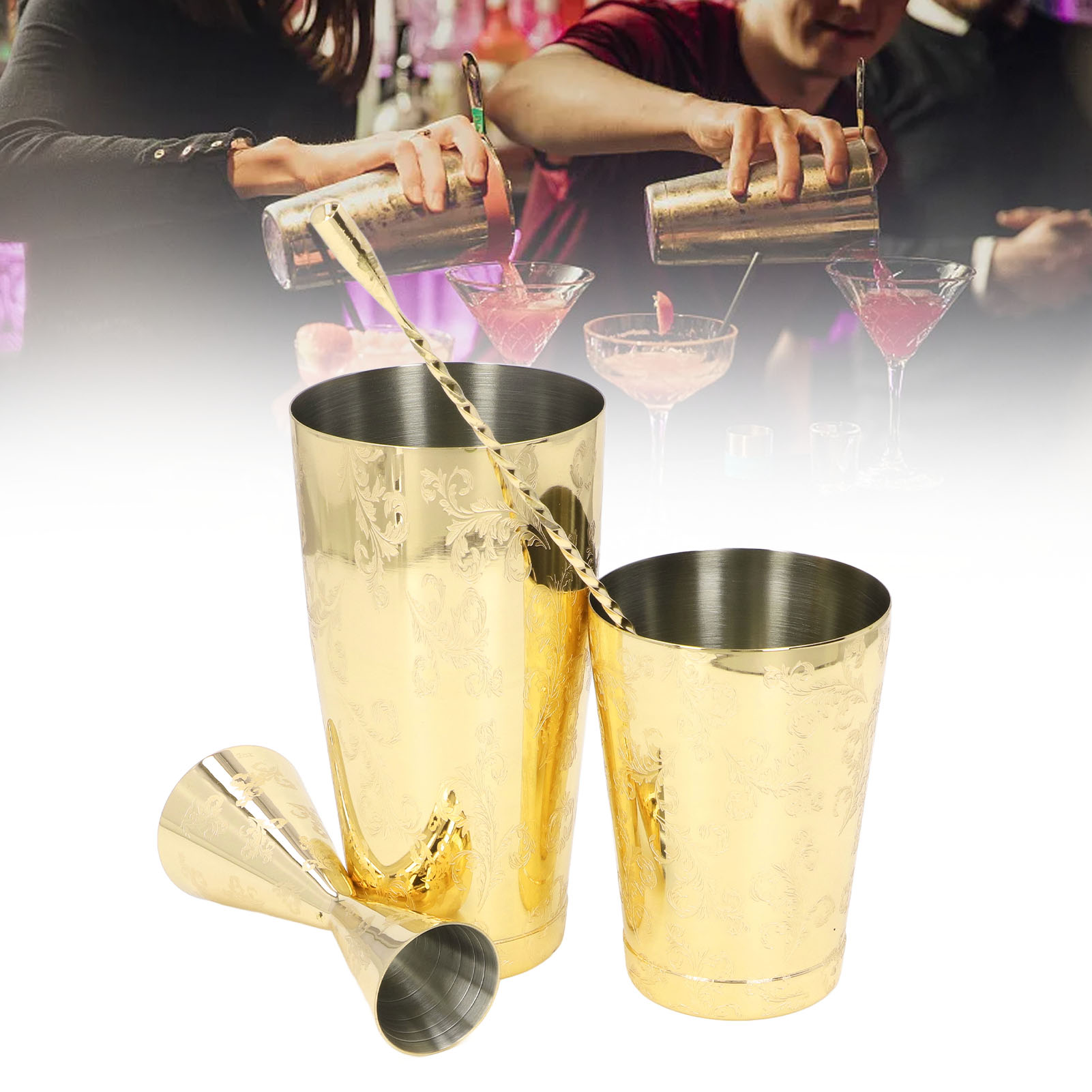 Dreiteiliges Set Aus Edelstahl 304, Graviertes Boston Hall Glas, 30-ml-becher, Eisshaker Und Messbecher (3 Teile)