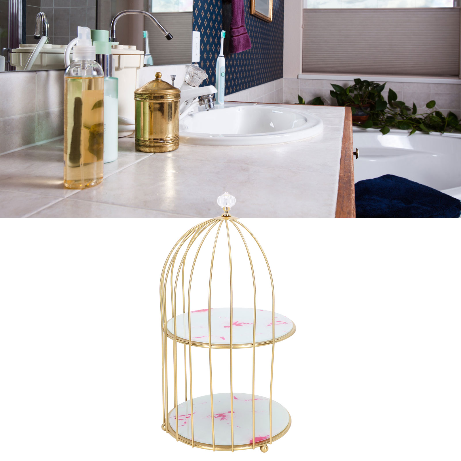 Doppelwandiger Waschtisch In Goldoptik, Wc-aufbewahrung, Vogelkäfigförmiges Regal, Rosa Steinmuster
