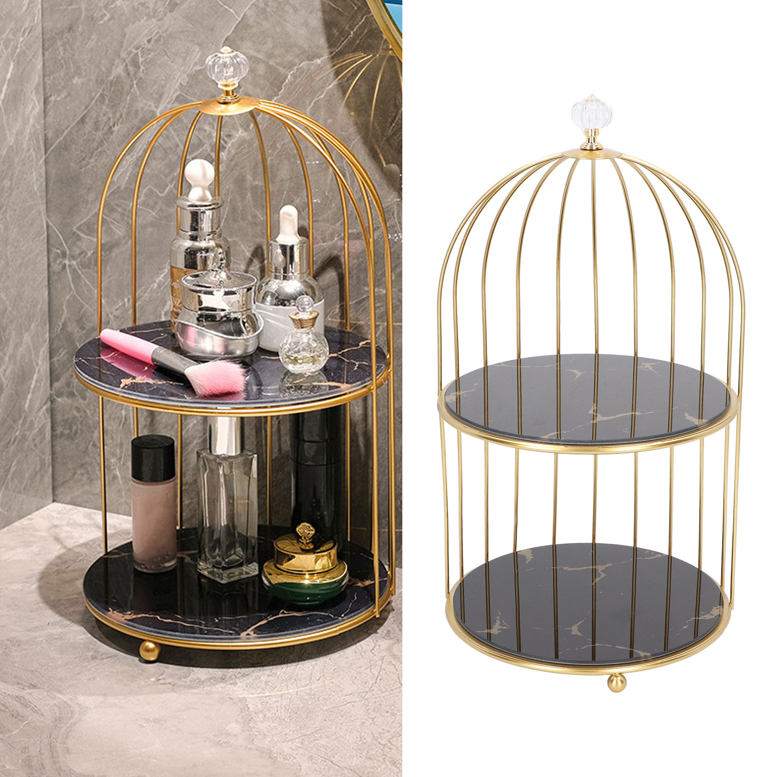 Doppelstöckiger Goldener Schminktisch, Aufbewahrungsregal Im Vogelkäfig-stil, Schwarzer Hintergrund Mit Goldenen Mustern