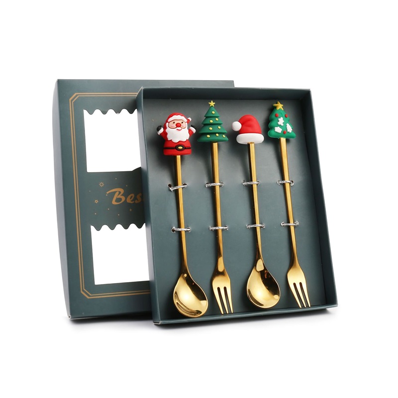 Weihnachtslöffel- Und Gabelset, Niedlicher Weihnachtsmann-löffel, Kreatives Dessertlöffel- Und Gabelset Mit Weihnachtsbaum-motiv, Mittelgroße Glücksbox Mit Sichtfenster, Vierteiliges Set – Grün
