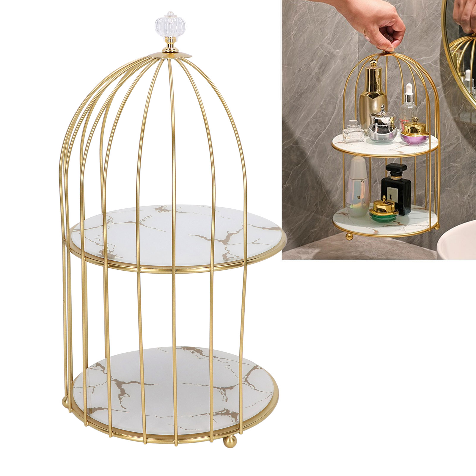 Doppelstöckiger Goldener Schminktisch, Aufbewahrungsregal Im Vogelkäfig-stil, Weißer Hintergrund Mit Goldenen Mustern