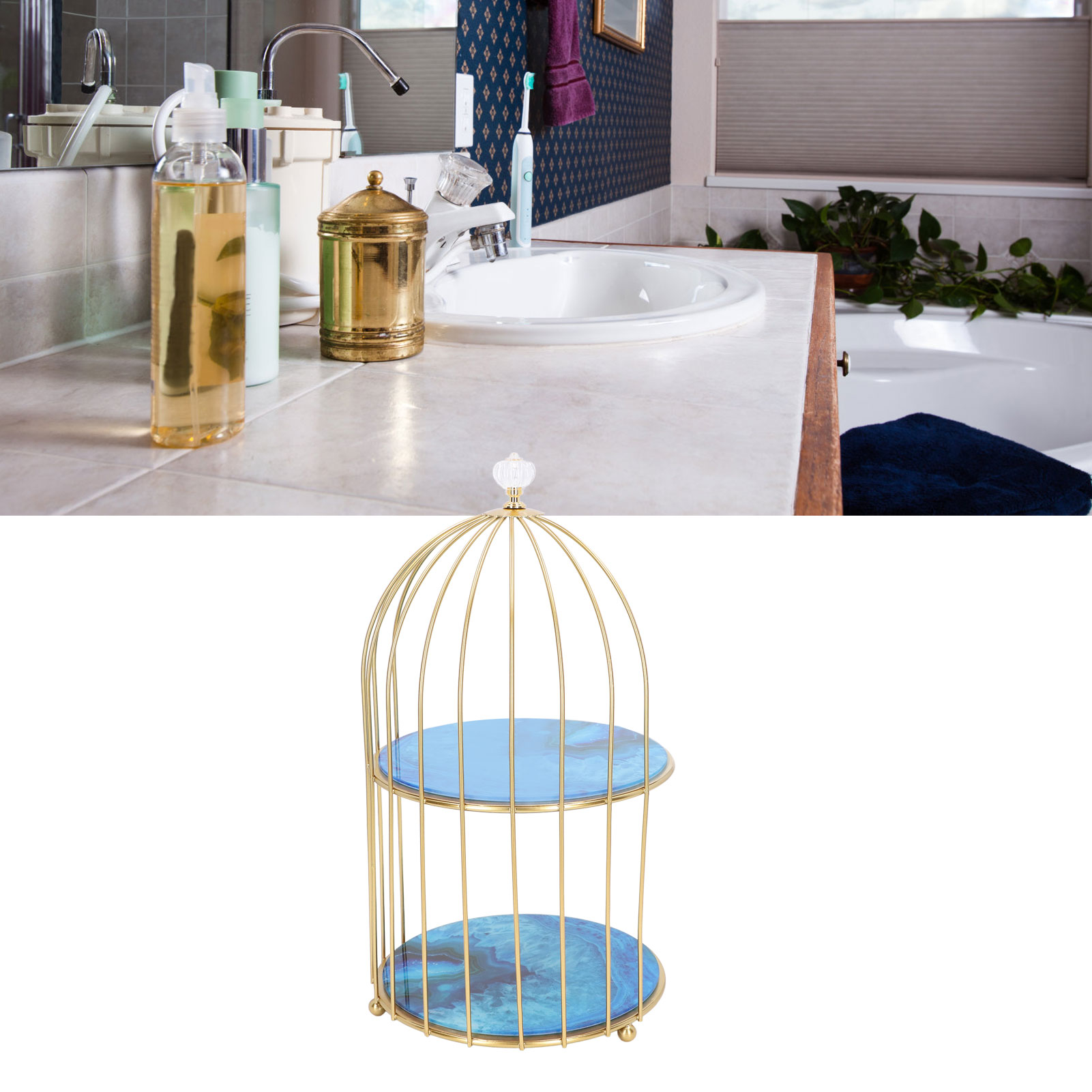 Doppelstöckiger Schminktisch Aus Gold, Toilettenablage, Regal Mit Vogelkäfigmuster Und Achatmuster