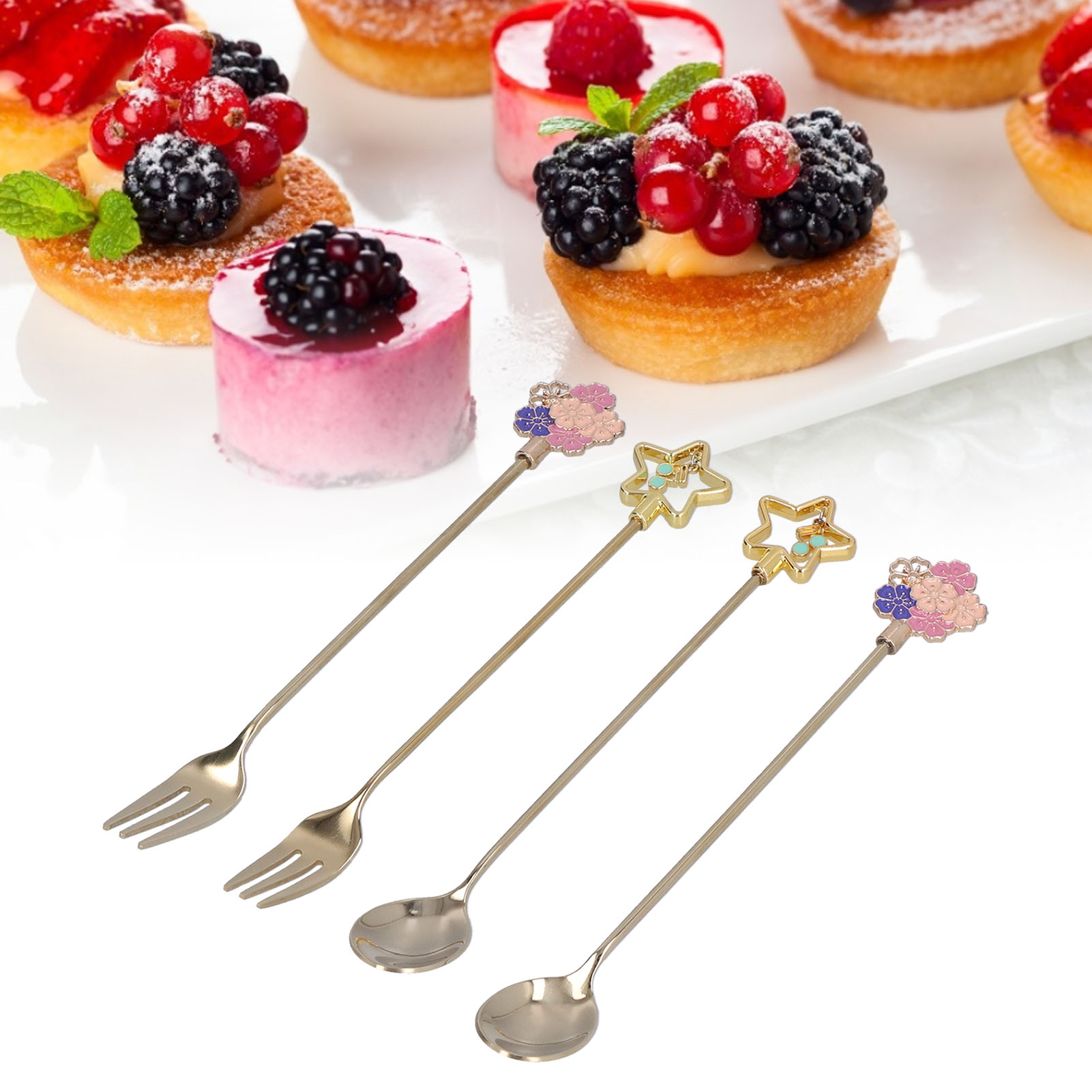 Japanisches Besteckset Aus Edelstahl 304: Gabel, Löffel, Rührlöffel, Dessertgabel, Teelöffel Und Obstgabel Mit Kirschblütenmuster (goldfarben).