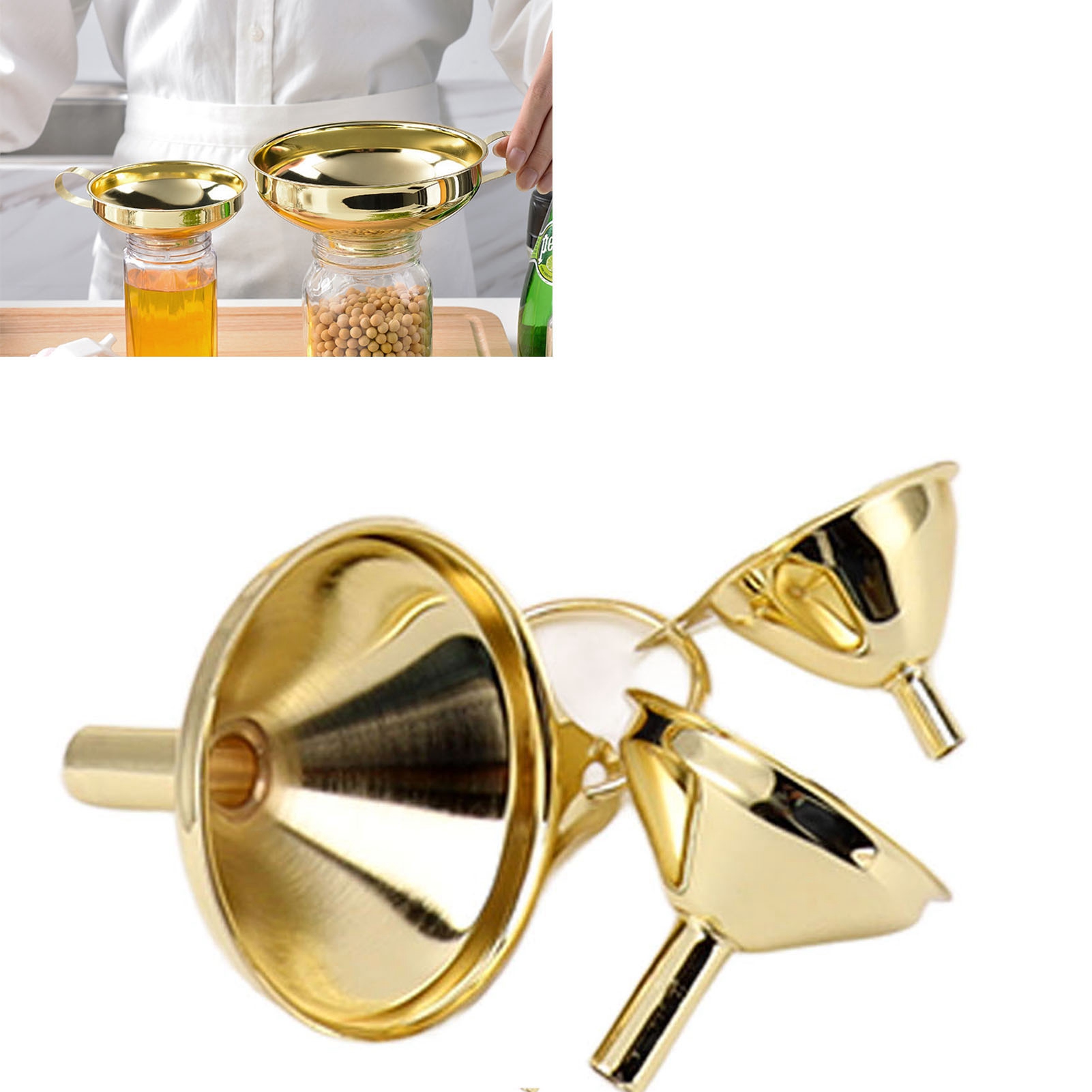 Set Aus Drei Vergoldeten Trichtern, Bestehend Aus Einem Weithalstrichter Und Einem Kleinen Trichter Set Aus Drei Weithalstrichtern Und Einem Minitrichter