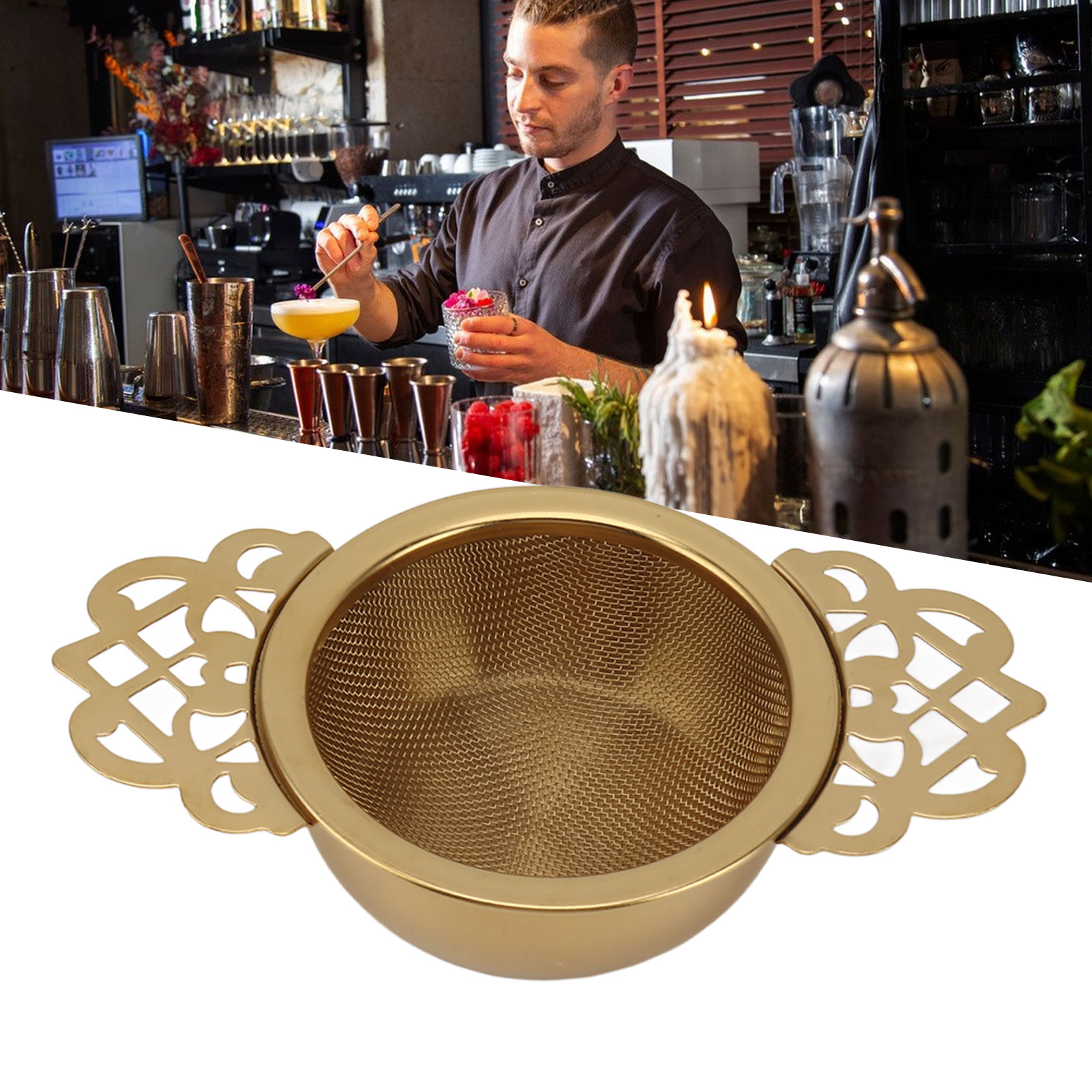 Cocktailsieb Aus Edelstahl Im Vintage-stil Mit Spitzenbesatz Und Goldfinish.