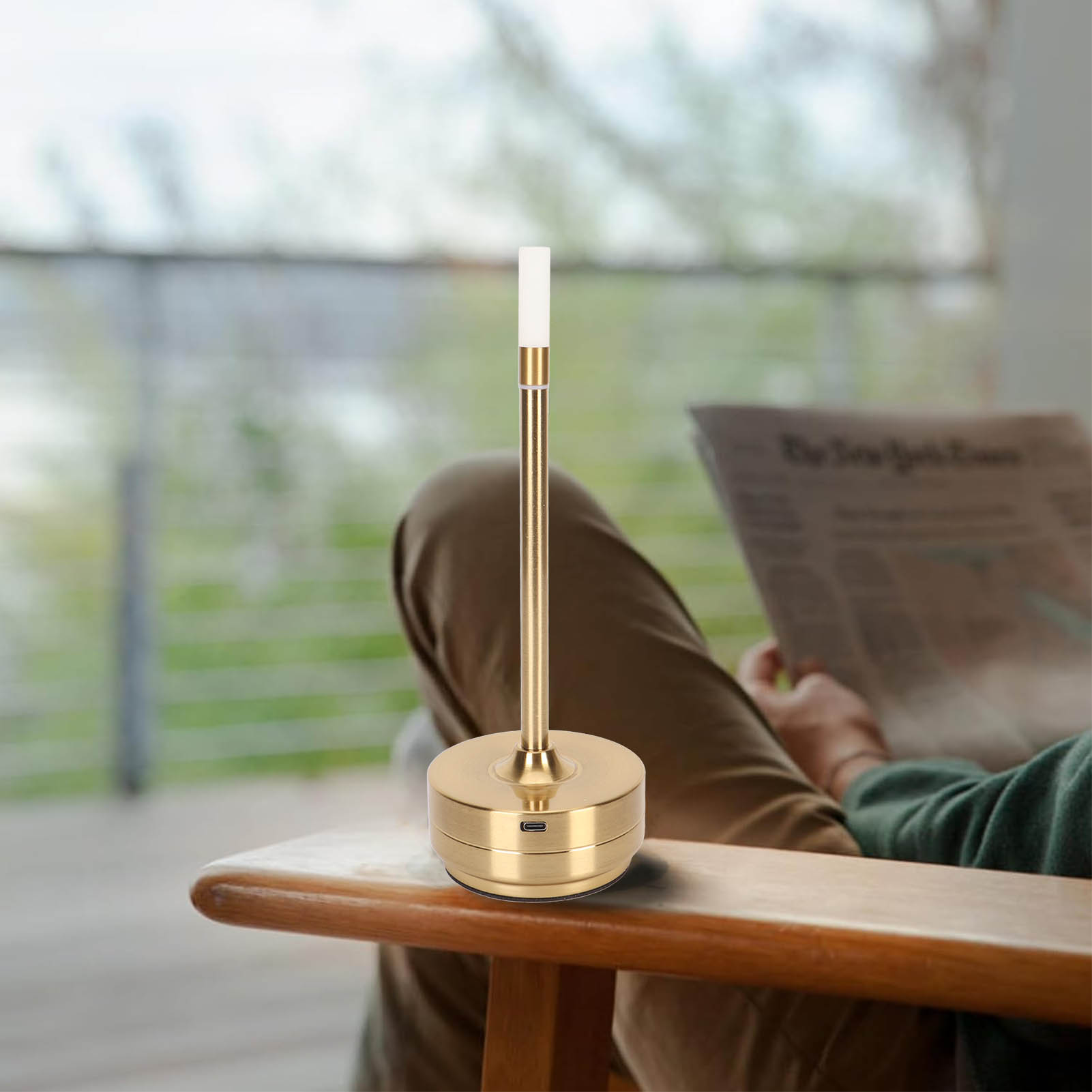 Kabellose Led-tischleuchte Mit Integrierter Kerze, Wiederaufladbar, Touch-bedienung, Einstellbare Helligkeit, Nachttischlampe, Esstischlampe, Usb-c, Gold