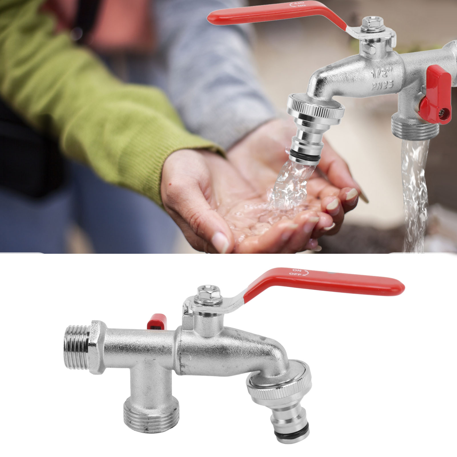 Außenwasserhahn Mit Einem Zulauf Und Zwei Ausläufen Zur Pflanzenbewässerung, Hitze- Und Frostbeständig, Aus Kupfer Gefertigt, Für Außenküchenspülen.