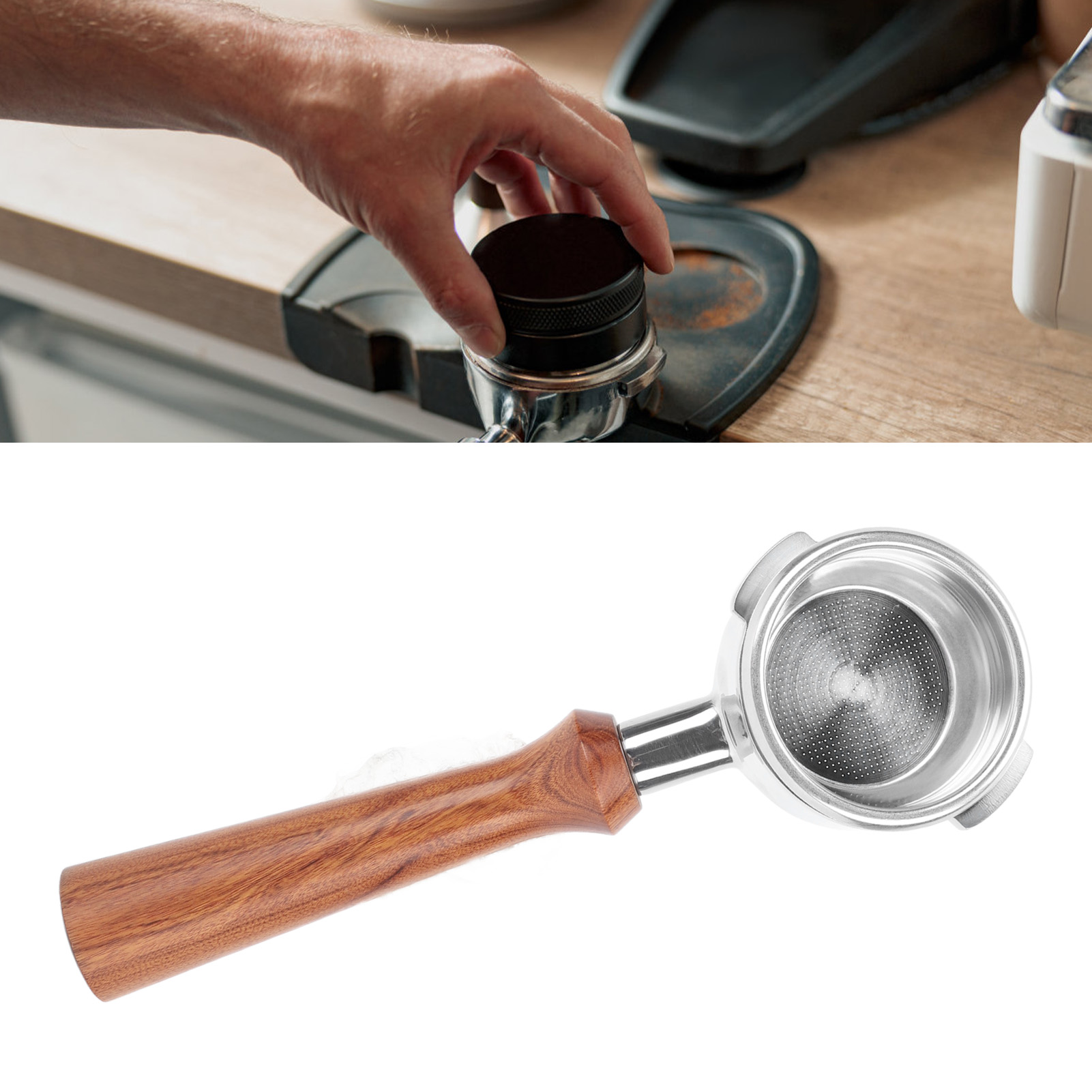 Nowwa Kaffeemaschine, 58 Mm Bodenloser, Abgewinkelter Griff, Edelstahl, Modell F, Rosenholz-finish