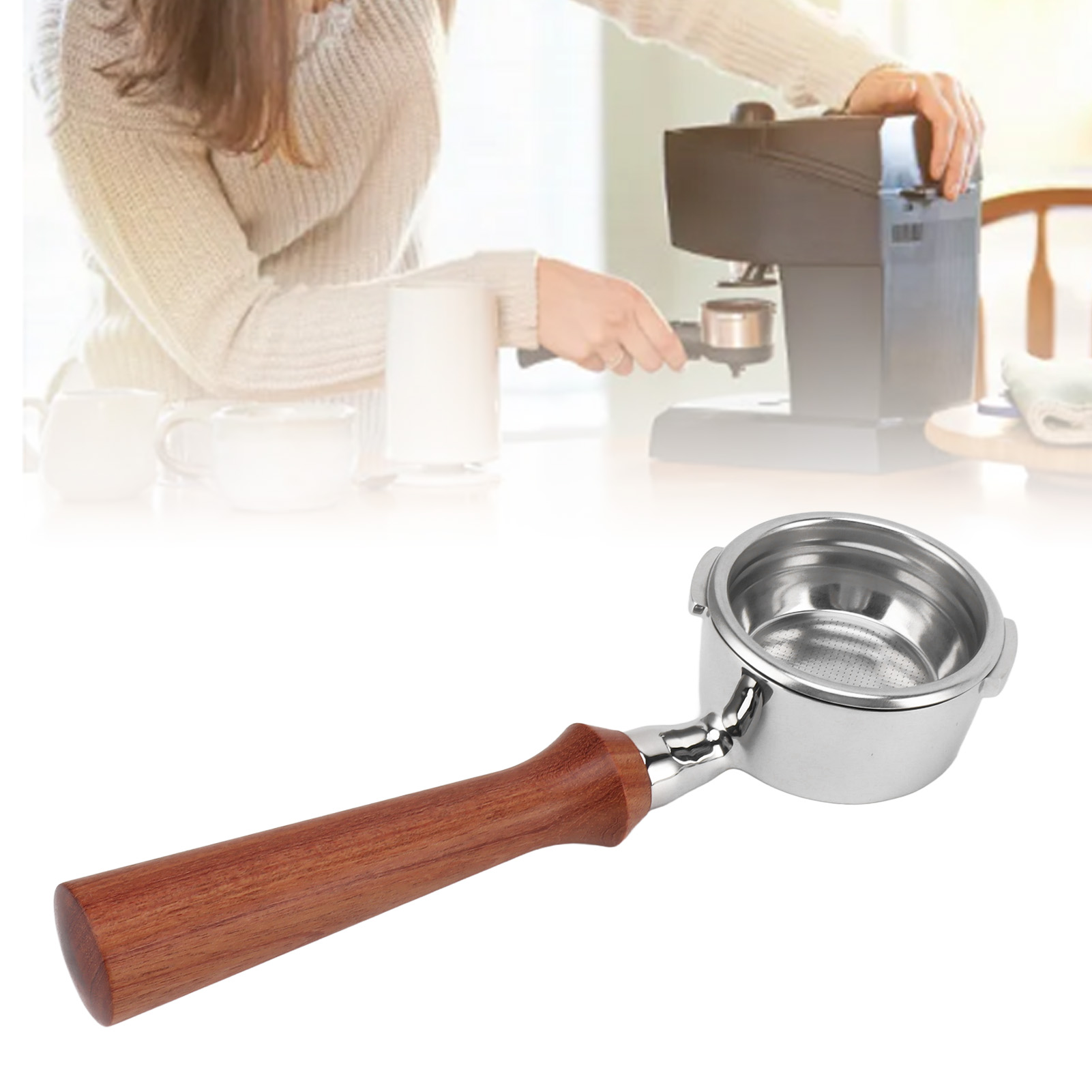 Gaggia 58-mm-kaffeemaschinengriff, Doppelgriff Aus Edelstahl Für Espressomaschinen, Bodenlos, Modell F, Brasilianisches Rosenholz
