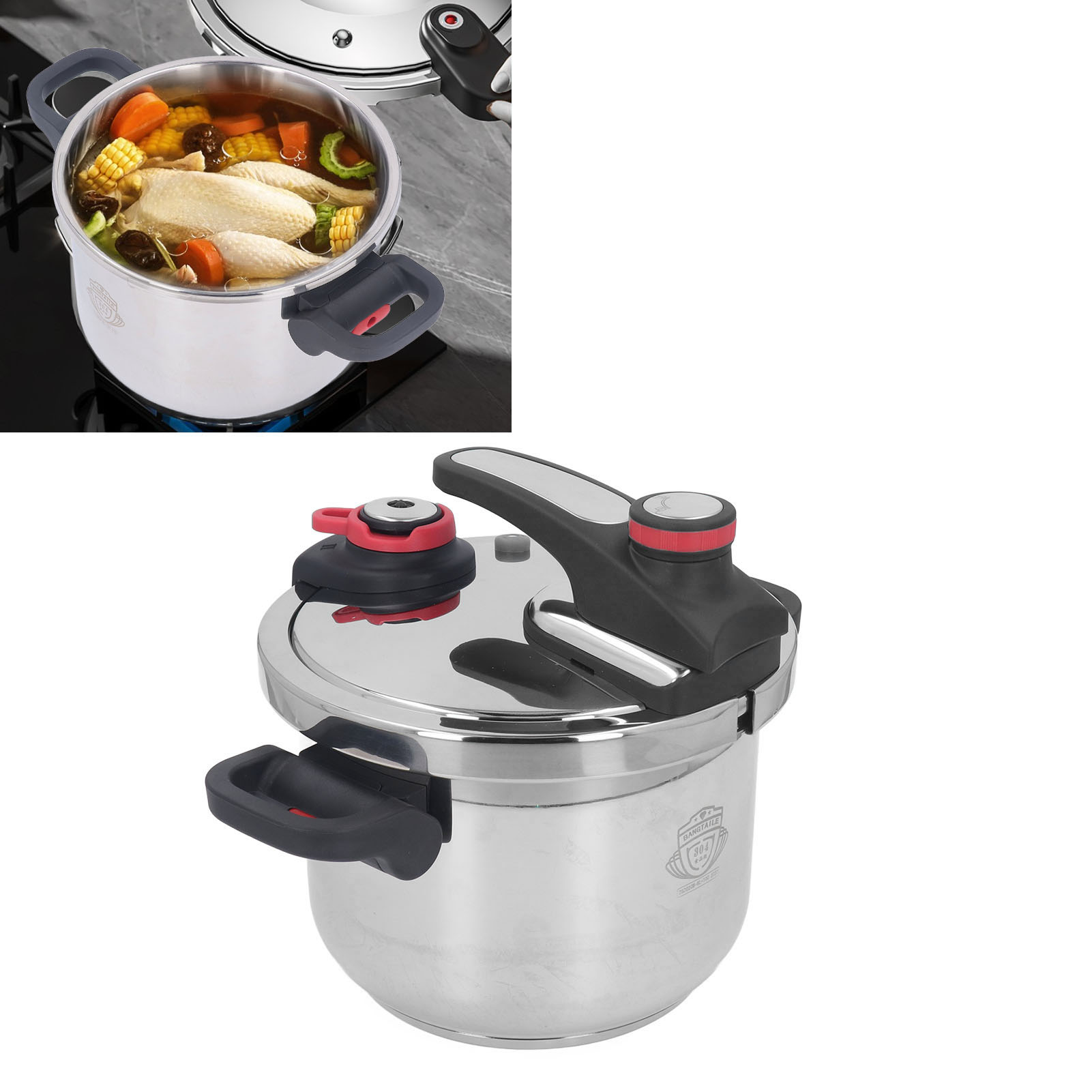 Haushalts-schnellkochtopf Mit Einstellbarem 2-stufigem Drehschalter, Klappgriff, Mehrschichtigem Boden, Geeignet Für Induktionskochfelder Und Offene Flamme, Manuelle Dekompression, Edelstahl 304, 6 L.