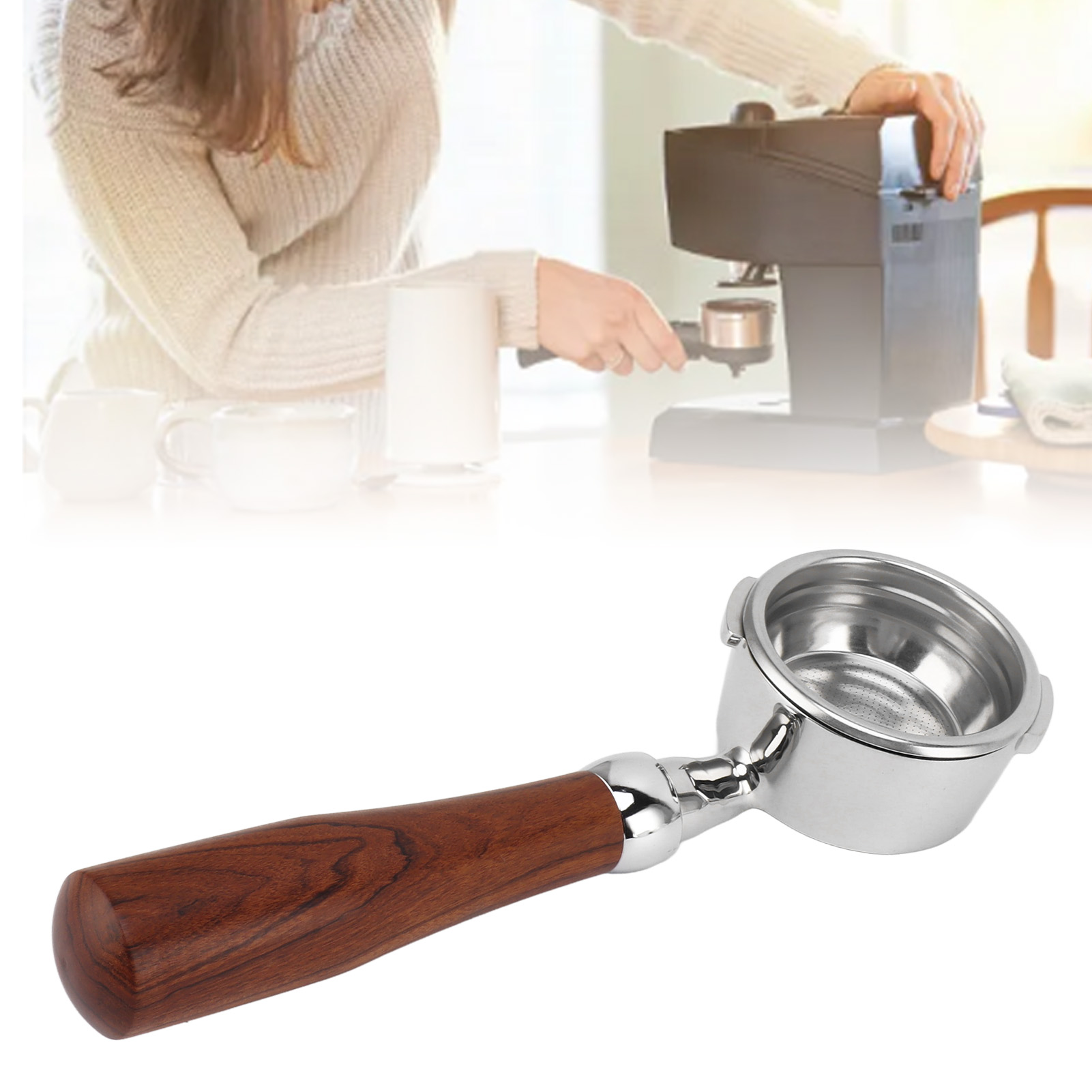 Gaggia 58-mm-kaffeemaschinengriff, Doppelter Edelstahl-espressogriff, Bodenloser Griff, E-förmiger Rundring, Rosenholz