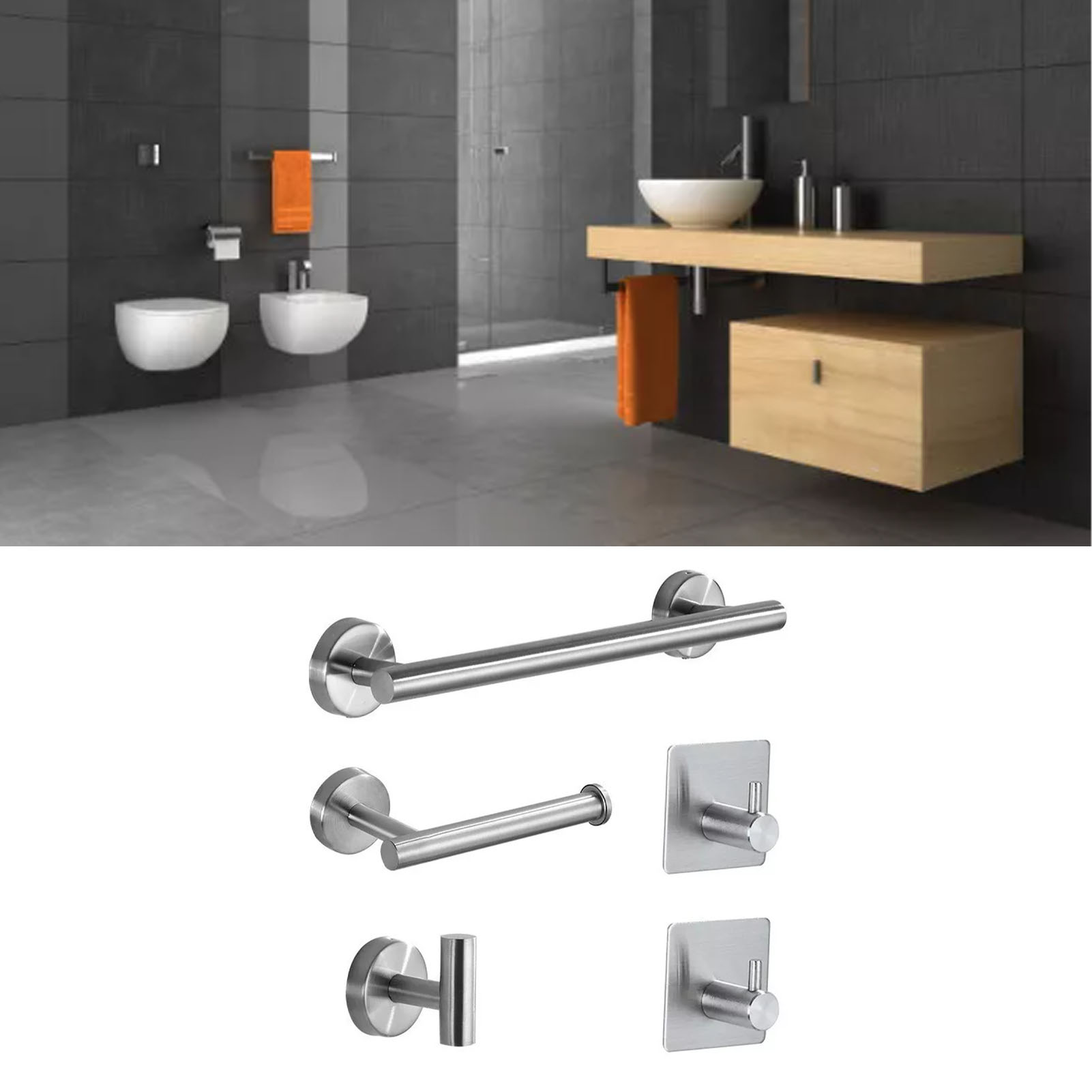 5-teiliges Badezimmer-accessoire-set, Edelstahl 304, Toilettenpapierhalter, Handtuchstange, Einzelhandtuchhalter-set, Badezimmeraccessoires, Silber.