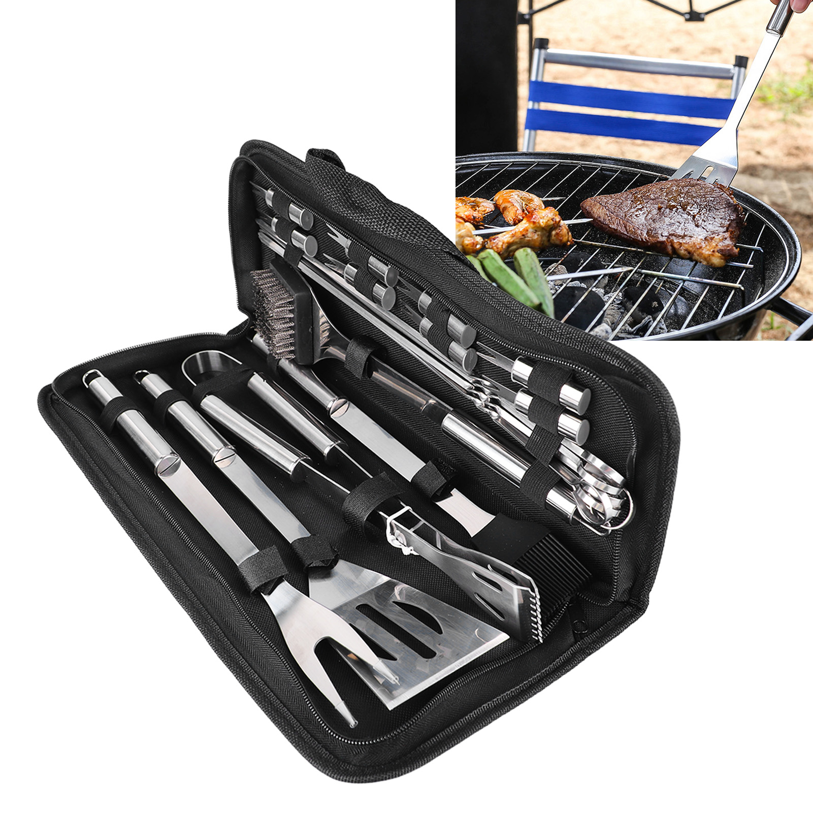 Grillset Aus Edelstahl, Outdoor-grillset, Kochbeutel, 20-teiliges Set / Drahtbürste