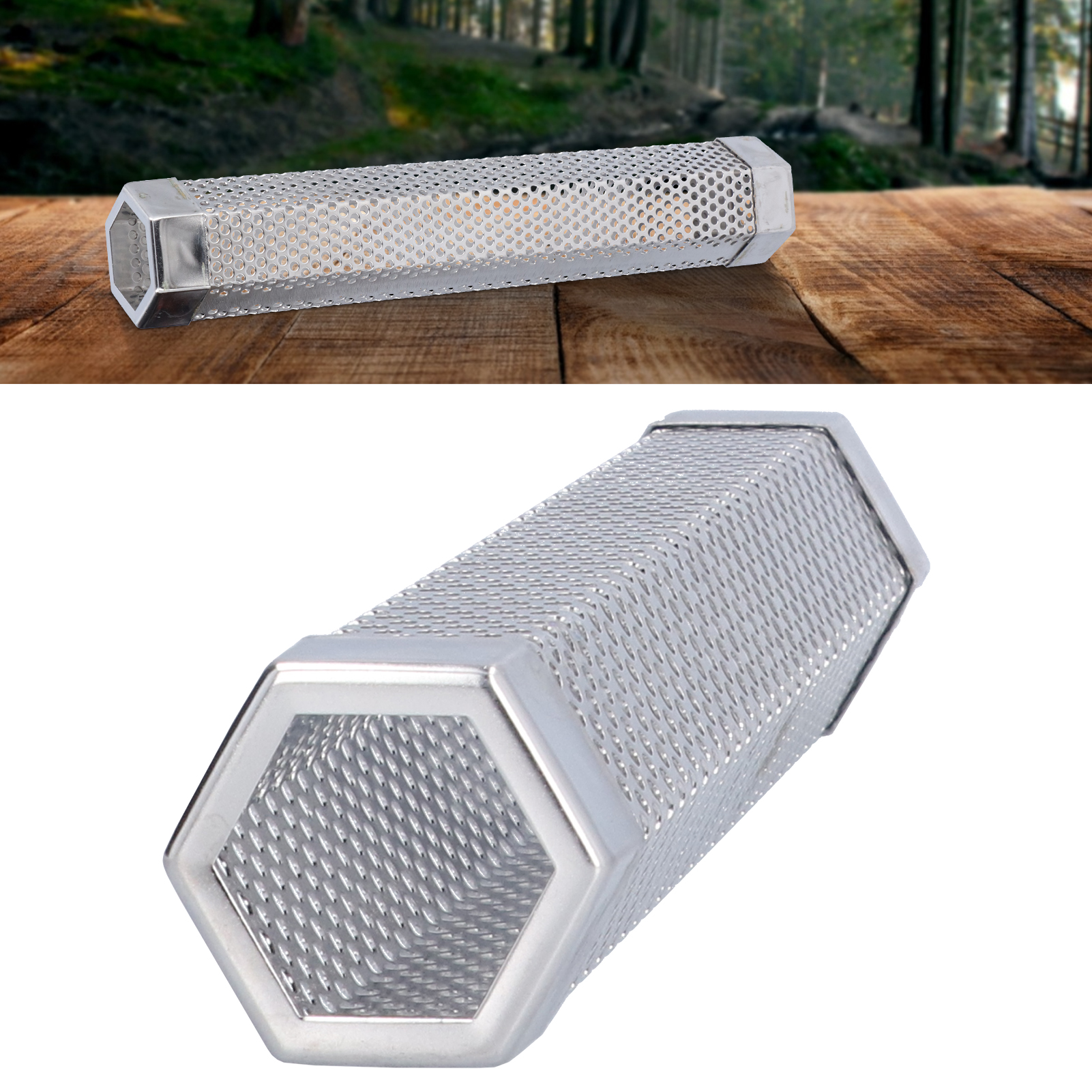 Sechseckige Räucherbox/grillwerkzeug Aus Obstholz, 30,6 Cm Lang X 5 Cm Hoch.
