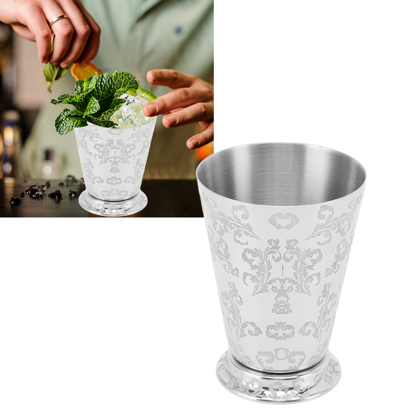 Juliette-cocktailglas Aus Edelstahl 304, Europäischer Stil, Graviertes Moscow Mule-barglas, Geprägtes Glas, Blattmustergravur