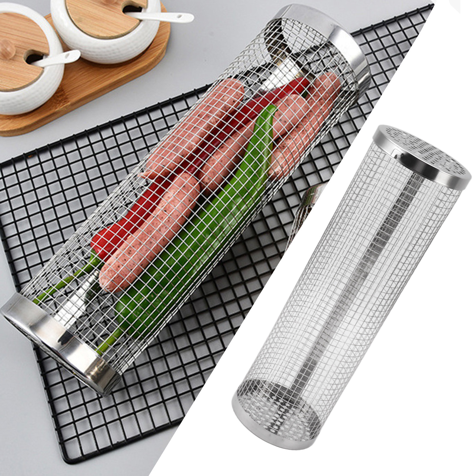 Drehbarer Grillrost, Grillständer, Grillnetz Aus Edelstahl, Grillkorb, Rundes Grillrohr Für Den Außenbereich, Große Ausführung