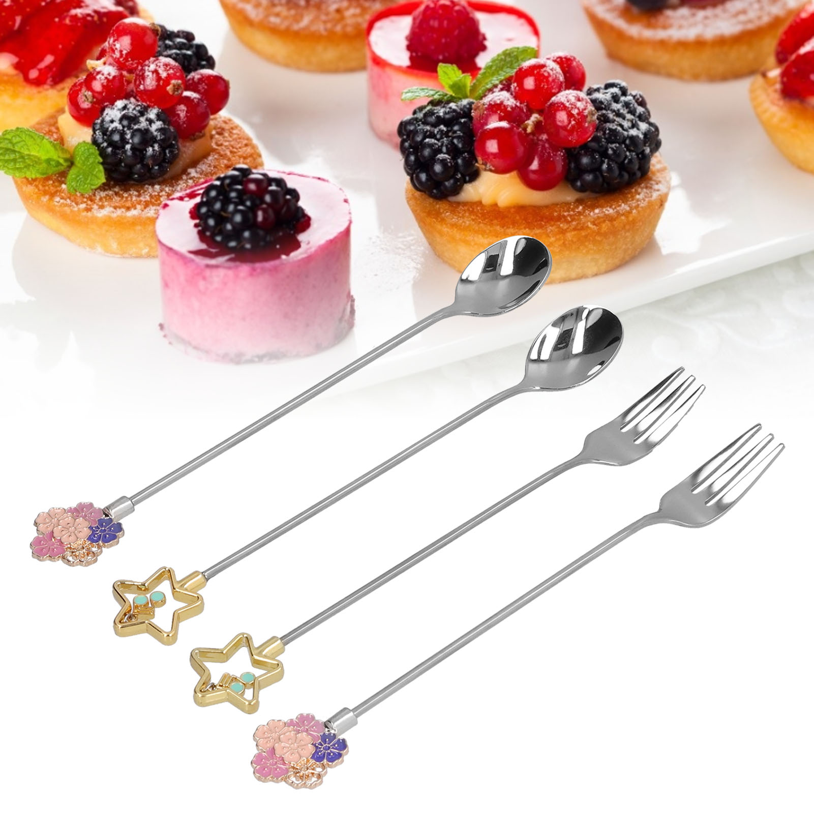 Japanisches Besteckset Aus Edelstahl 304: Gabel, Löffel, Rührlöffel, Dessertgabel, Teelöffel, Obstgabel Mit Kirschblütenmuster (silber).