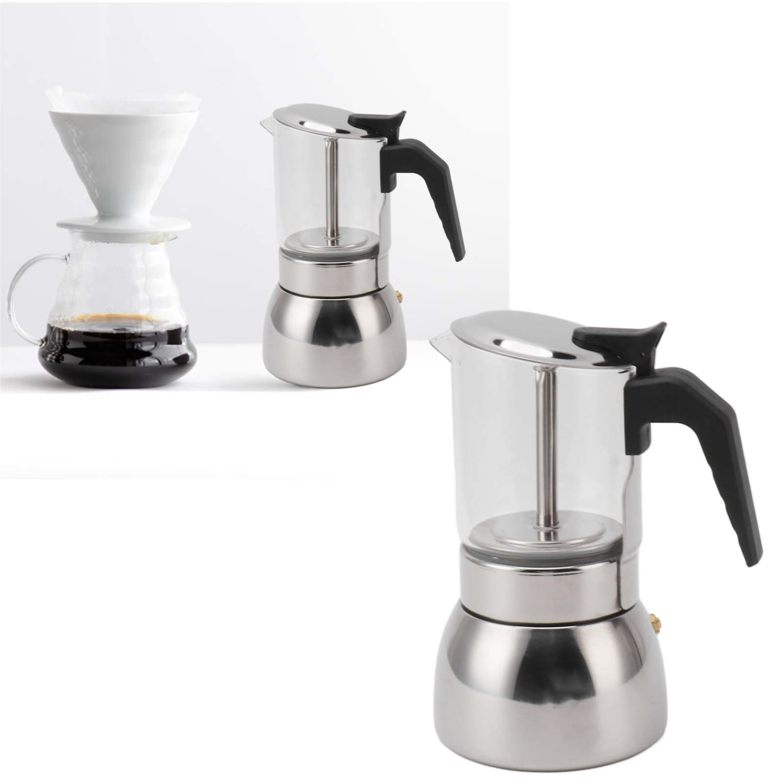 Multifunktionale, Tragbare Italienische Kaffeemaschine Mit Doppeltem Edelstahlventil, Hitzebeständiger Glastasse (300 Ml)
