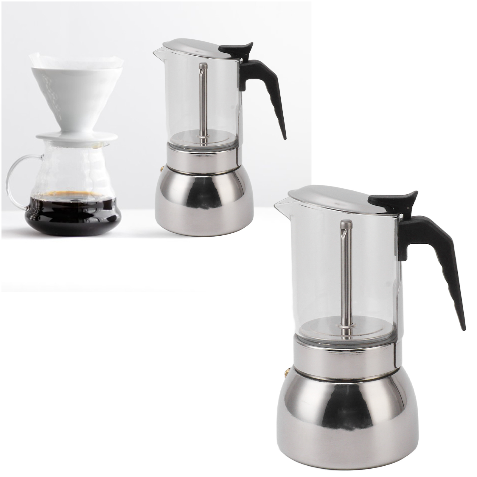 Multifunktionale, Tragbare Italienische Kaffeemaschine Mit Doppelventil Aus Edelstahl, Hitzebeständiger Glastasse (450 Ml)