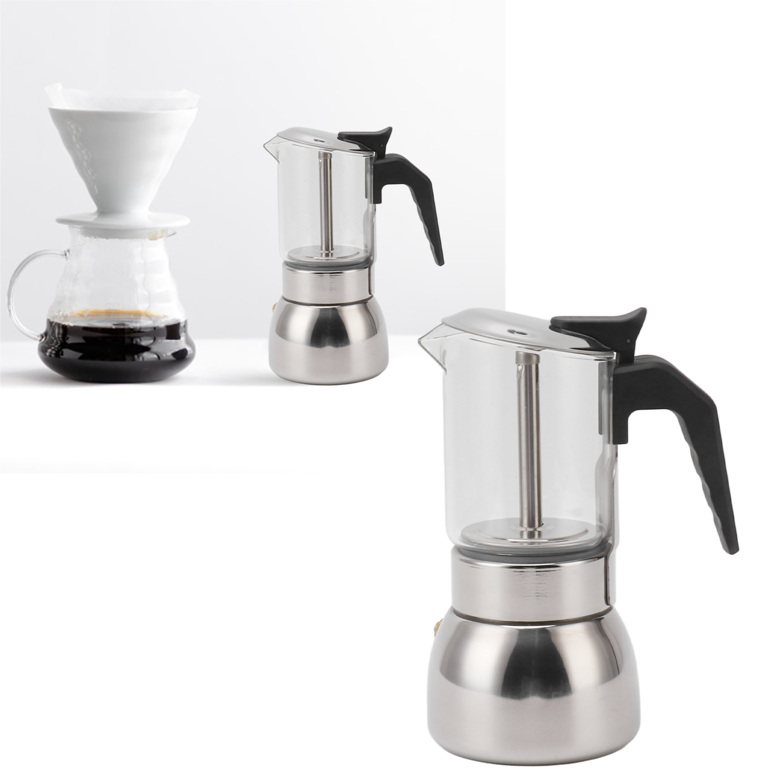 Multifunktionale, Tragbare Italienische Kaffeemaschine (200 Ml) Aus Edelstahl Mit Doppelventil Und Hitzebeständiger Glaskaffeetasse.