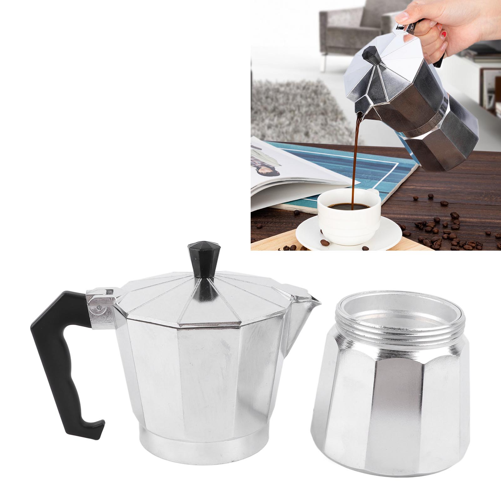 Espressokanne Für Zuhause, Kaffeetassen Fürs Büro, Induktionsgeeignet, Achteckige Kaffeemaschine Aus Aluminium, 6 Tassen À 300 Ml