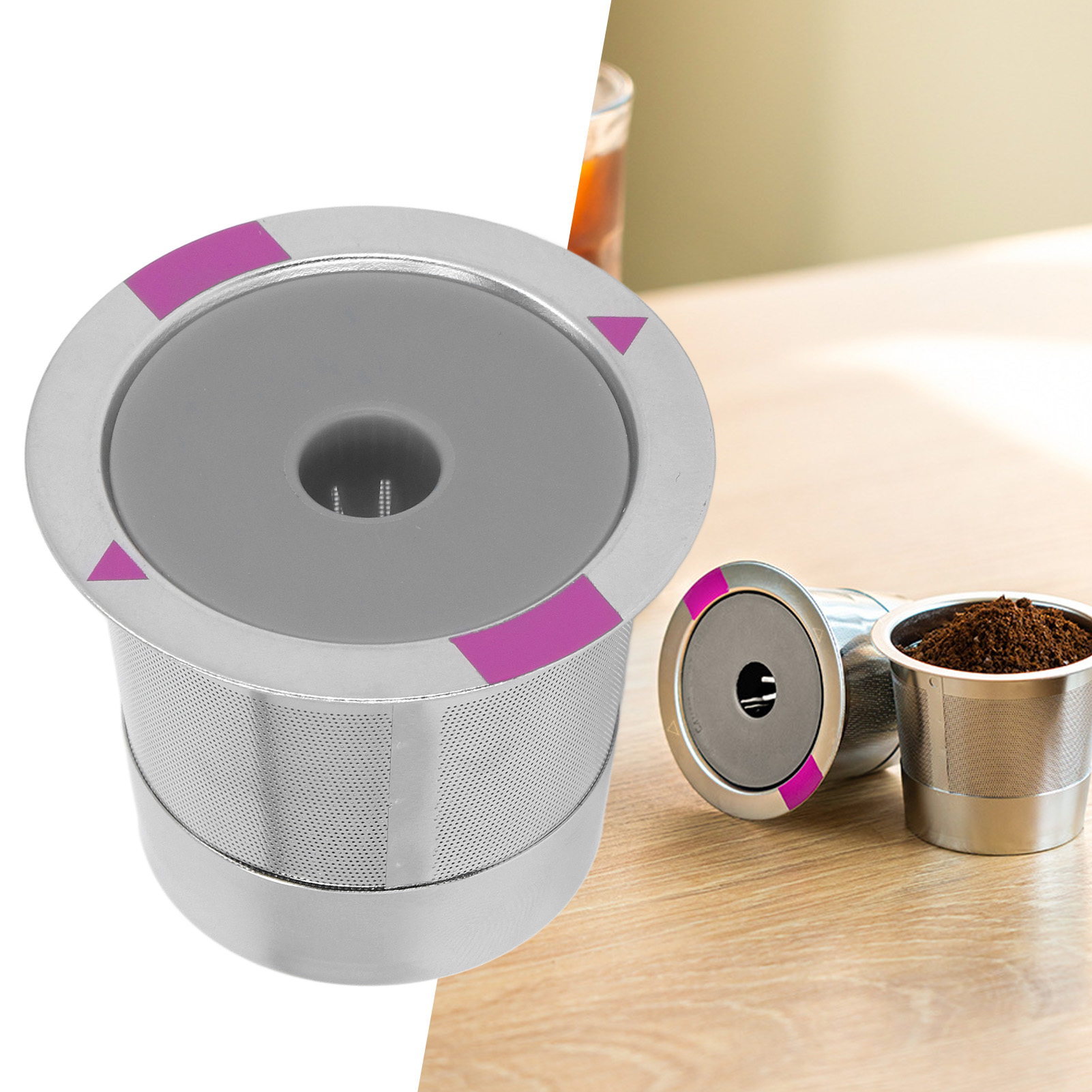 Die K-cup-kapsel Ist Mit Keurig-kaffeemaschinen Kompatibel Und Beinhaltet Einen Wiederverwendbaren Edelstahl-kaffeefilter Und Eine K-cup-kapsel Mit Einem Loch.