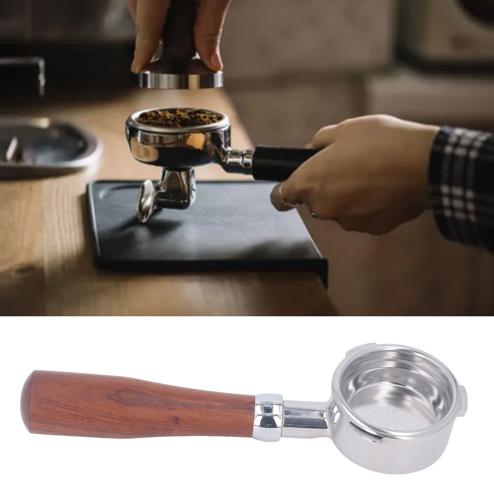 Barsetto 58 Mm Dreizinkiger Edelstahlgriff Für Espressomaschinen, Runder E-ring, Rosenholz