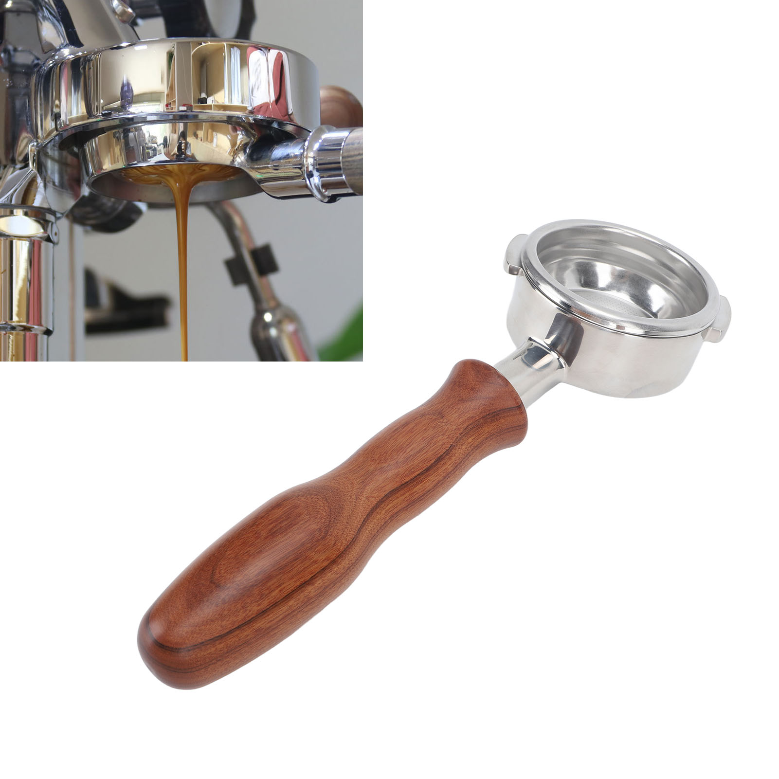 Nowwa 58-mm-kaffeemaschine, Abgewinkelter Griff, Bodenlos, Edelstahl, Modell D, Rosenholz-finish
