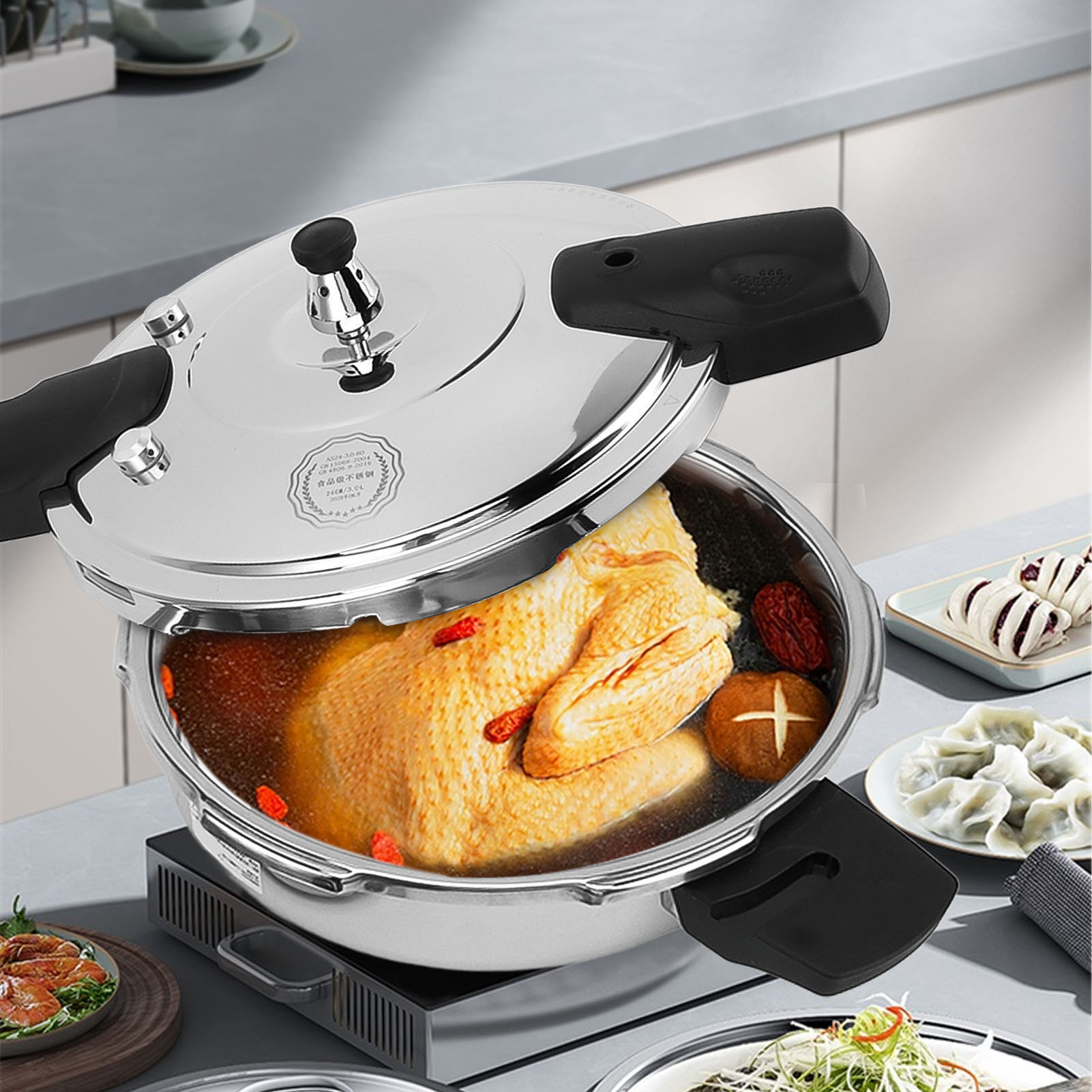 Haushaltsüblicher Schnellkochtopf/dampfgarer Aus Edelstahl 304, Doppelt Verwendbar, Mehrschichtiger Boden, Universell Für Gas- Und Induktionsherde, Schraubverschluss, 22 Cm.