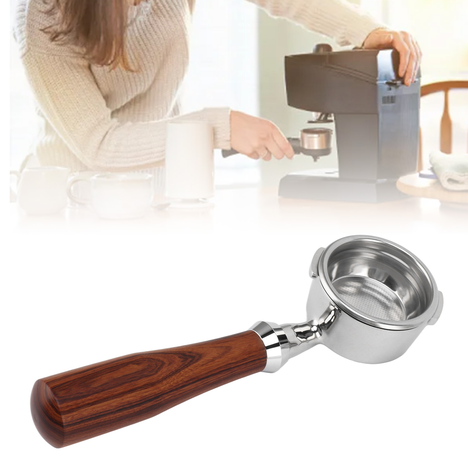 Gaggia 58-mm-kaffeemaschinengriff, Doppelgriff Aus Edelstahl Für Espressomaschinen, Bodenlos, Klassisches Design E, Rosenholz