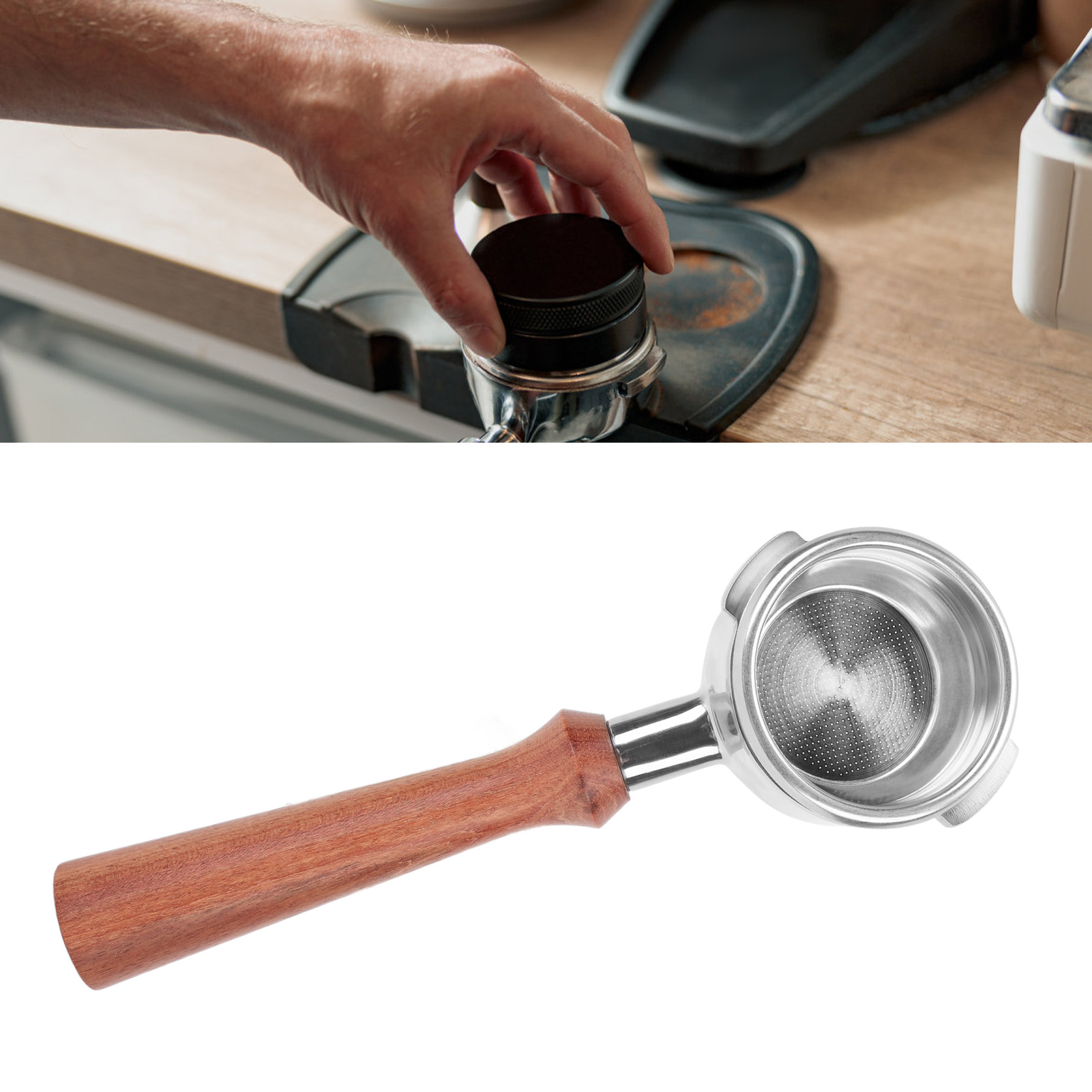 Nowwa 58-mm-kaffeemaschine, Abgewinkelter Griff, Bodenlos, Edelstahl, Modell F, Brasilianisches Rosenholz