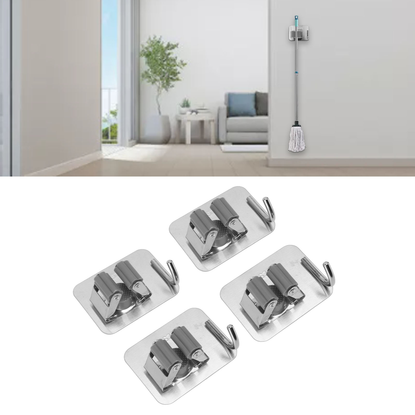 Set Mit 4 Wand-mopphaltern Aus Edelstahl 304 Mit Haken, Silberfarben