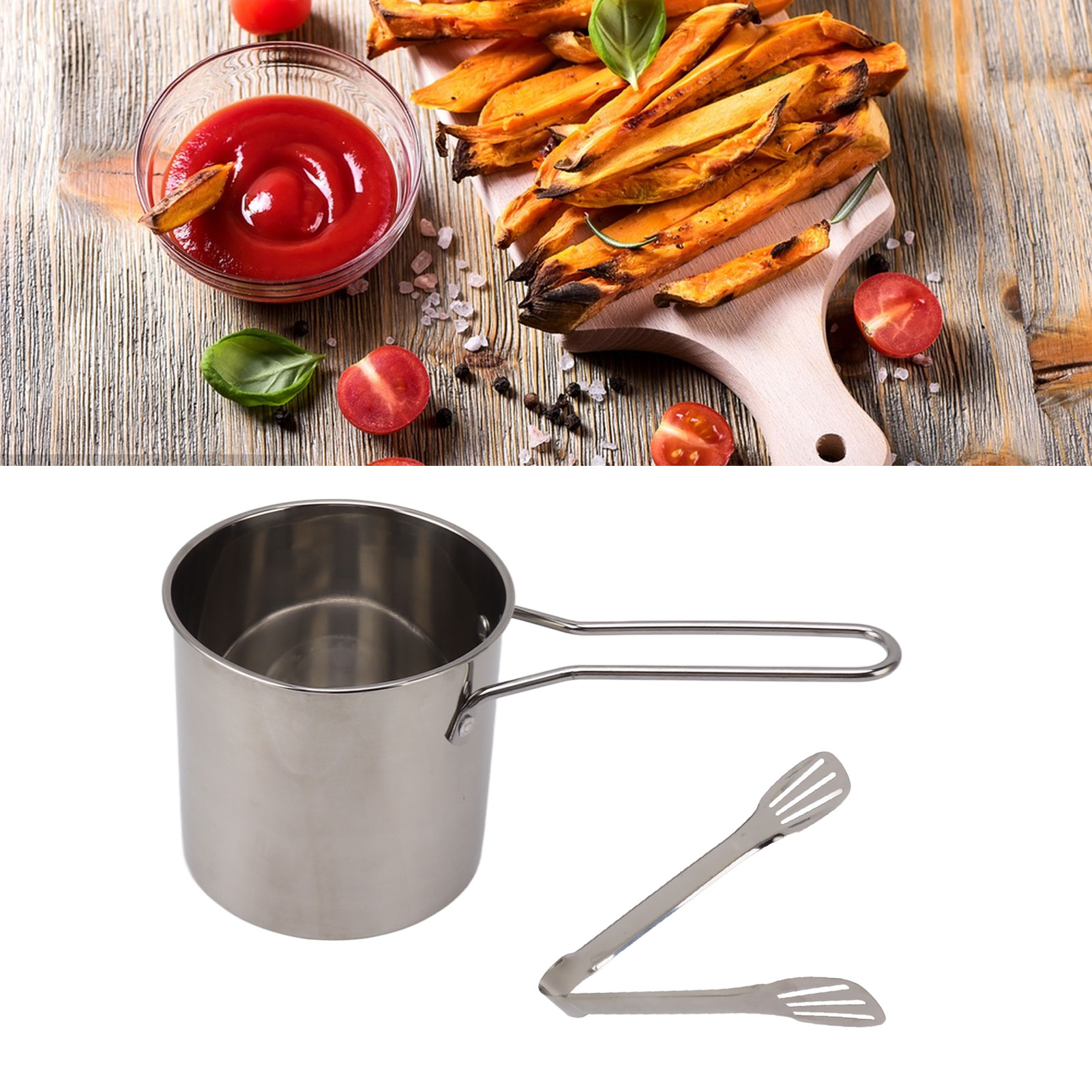 Mini-fritteuse Aus Edelstahl 304 Mit Tiefem Behälter Und Sieb + Speisezange