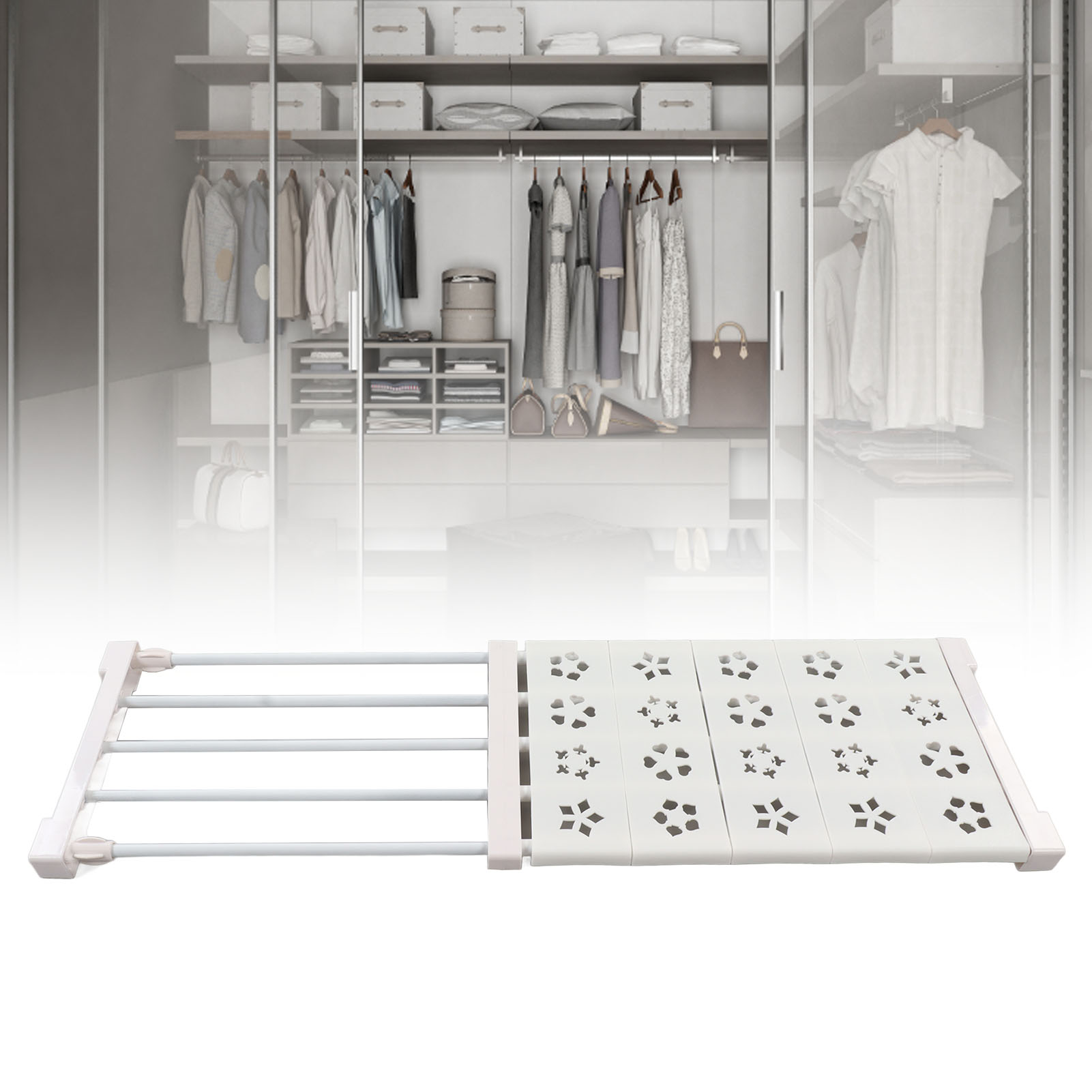 Teleskopierbare, Nagelfreie Aufbewahrungsfächer/regale Für Kleiderschrank/schuhschrank, Weißes Blumenmuster, Länge 50-80 Cm