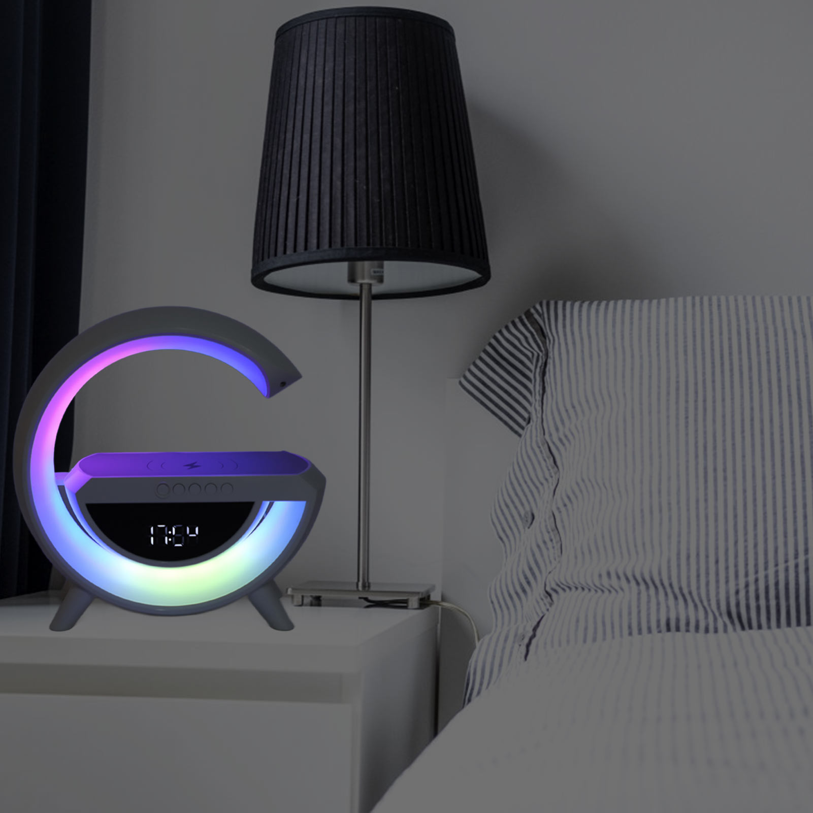 Stimmungsleuchte Mit Kabelloser Ladefunktion, Bluetooth-lautsprecher, 10-w-nachtlicht, Wecker, Fm-radio, 5 V Für Schlafzimmer, Wohnzimmer Und Büro.