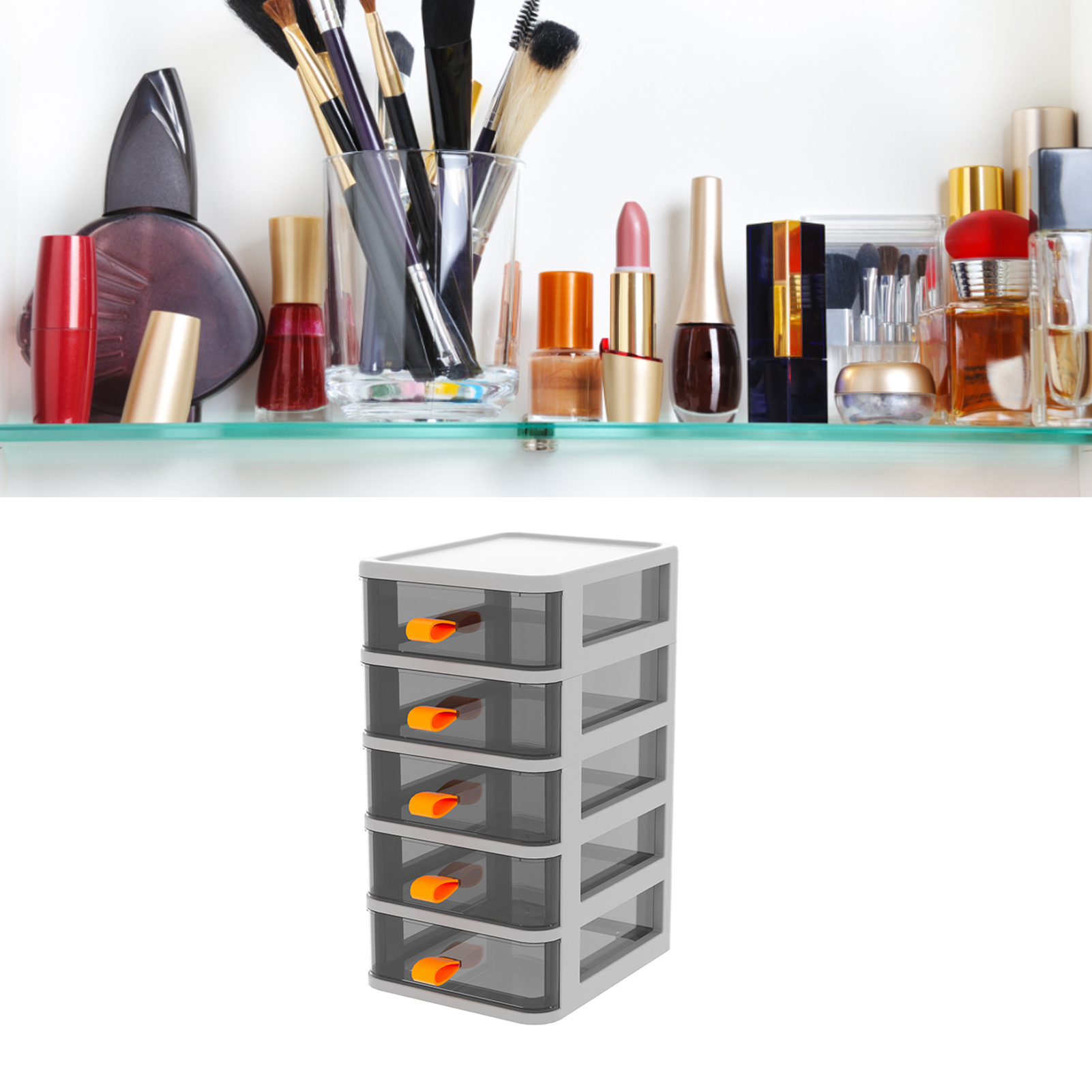 Transparente Aufbewahrungsbox Für Den Schreibtisch, Schubladenbox Für Bürobedarf, Datenkabel, Kosmetikartikel, Weiß Mit 5 Fächern (mit Orangefarbenen Griffen)