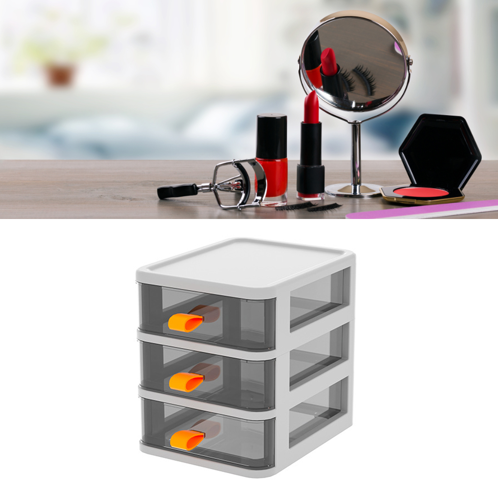 Transparente Schreibtisch-aufbewahrungsbox, Schubladen-aufbewahrungsbox Für Bürobedarf, Datenkabel, Kosmetikartikel, Weiß Mit 3 Fächern (mit Orangefarbenen Griffen)