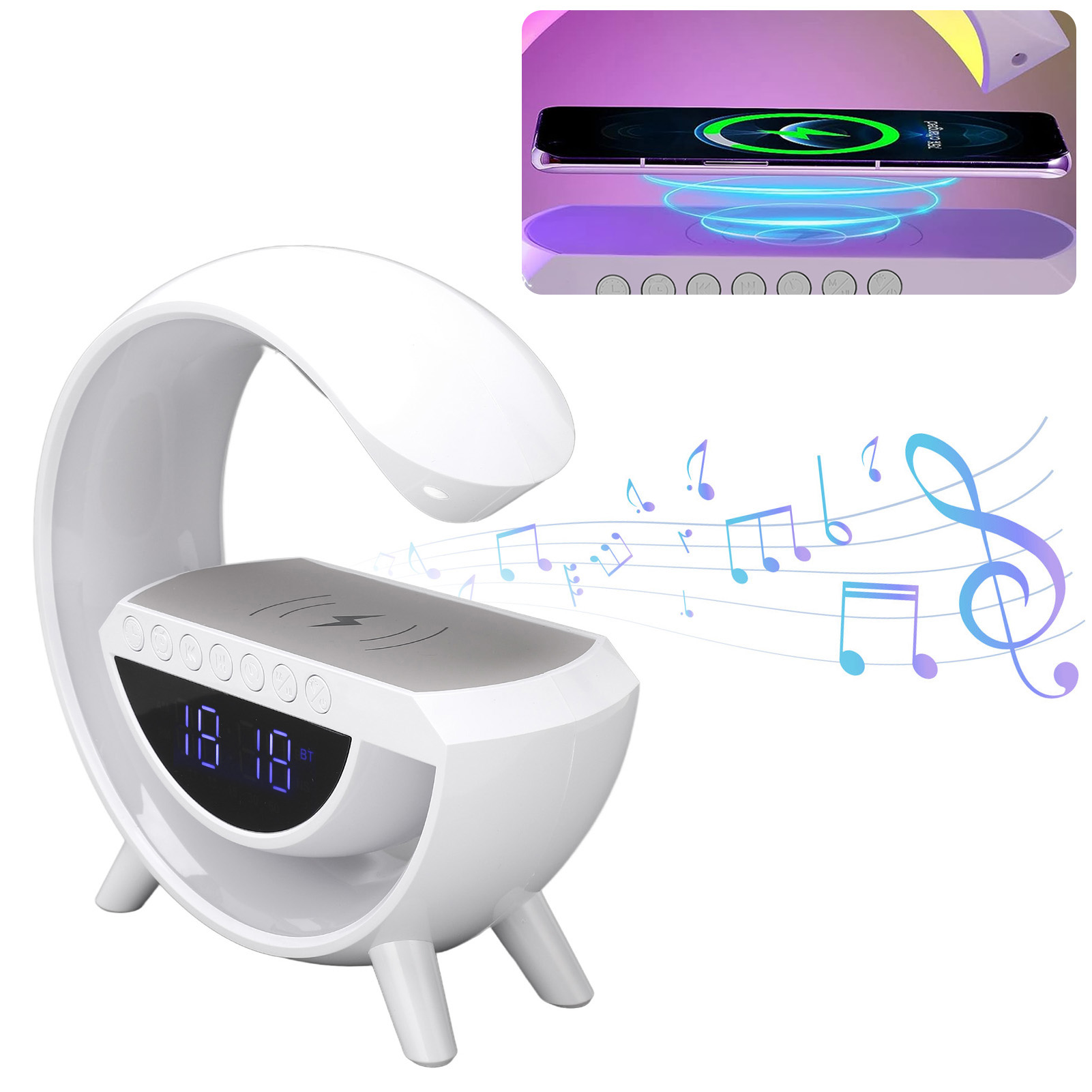 All-in-one-tischleuchte Mit Kabellosem Ladegerät, Ambientebeleuchtung, 15-w-bluetooth-lautsprecher, Nachtlicht, Wecker Und Fm-radio, Ideal Für Schlafzimmer, Wohnzimmer Oder Büro (5 V).