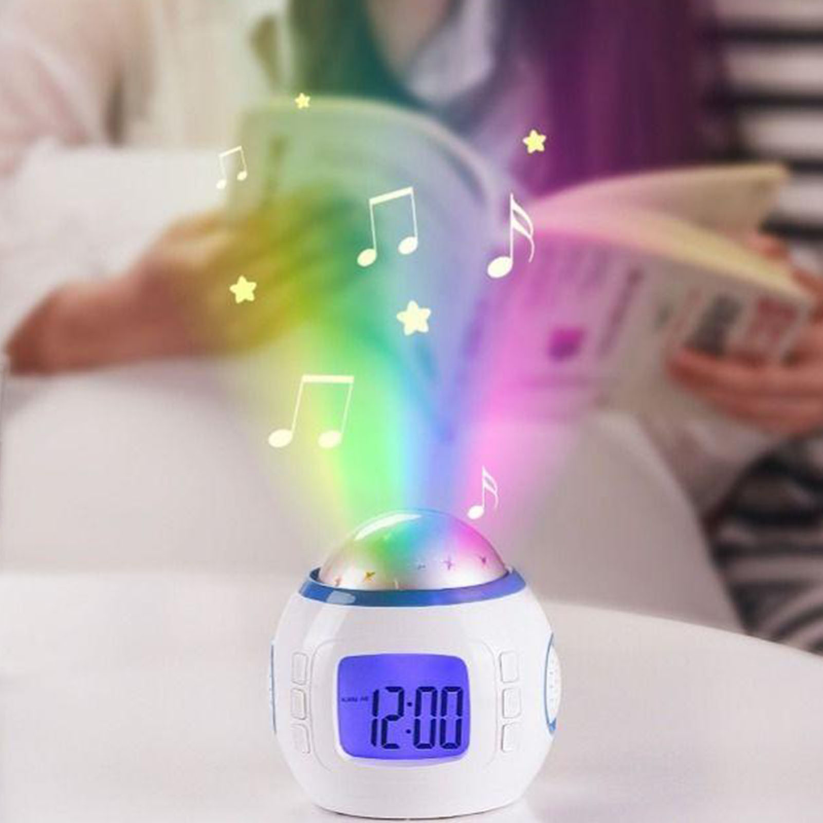 Musikalischer Wecker Mit Sternenhimmelprojektion, Elektronischer Ewiger Kalender Mit Naturgeräuschen, Siebenfarbiger Led-wecker
