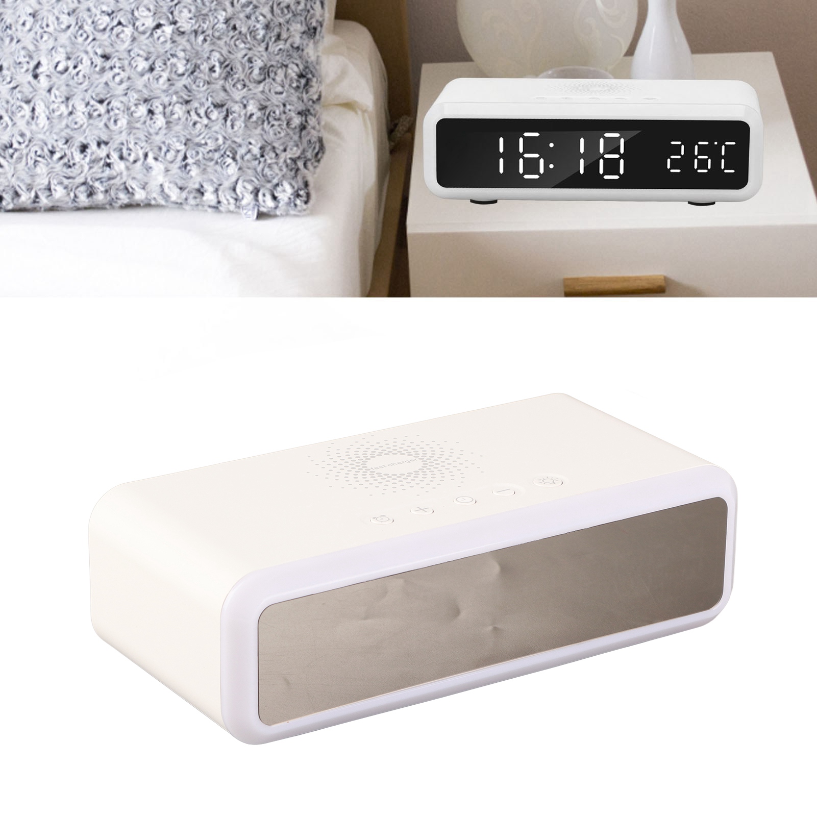 Wecker Mit Nachtlicht Und Kabellosem Ladegerät, Wecker Mit Nachttischlampe Und Kabellosem Ladegerät, 15w Weckerladegerät, Weiß.