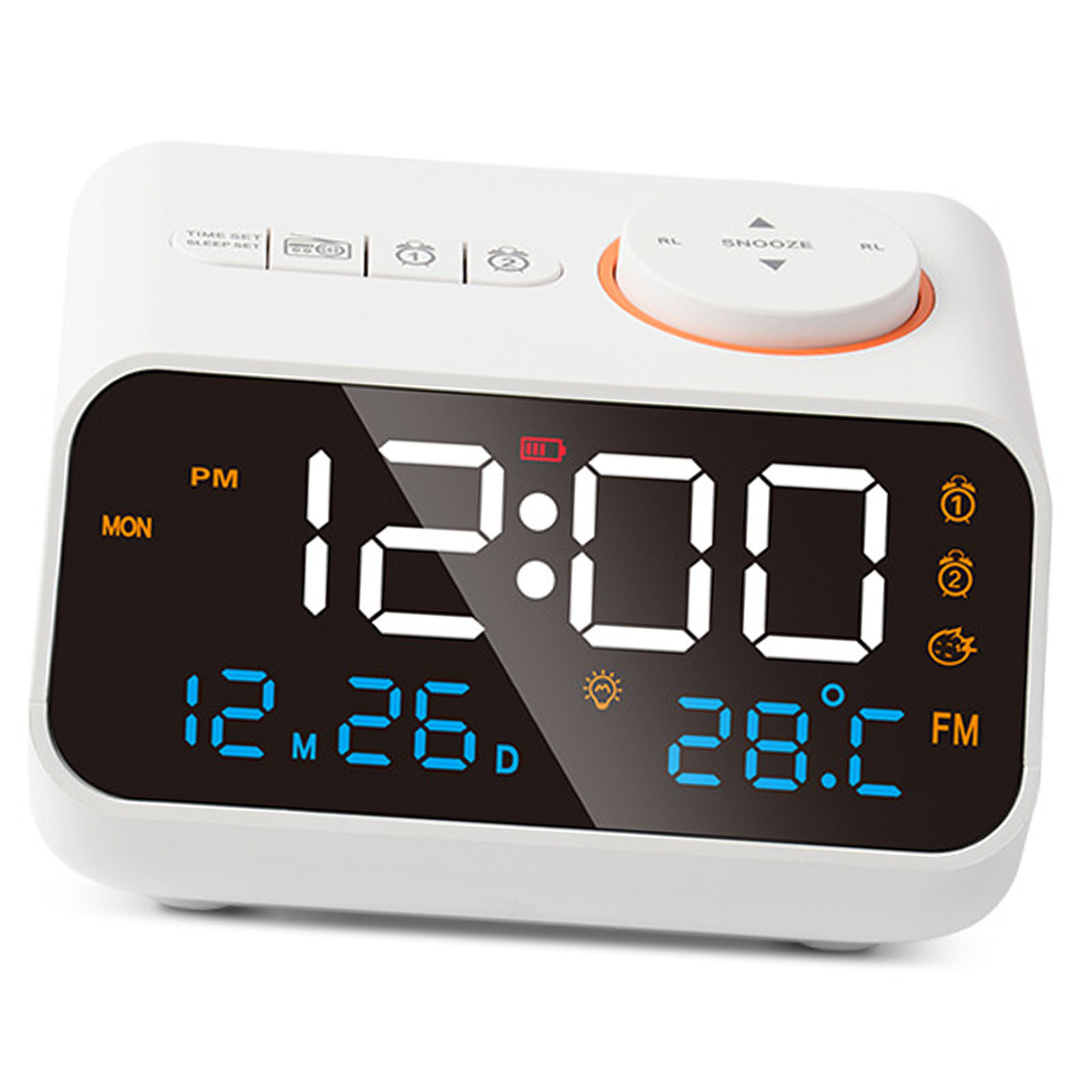 Wiederaufladbarer Multifunktions-led-wecker Mit Musikalarm, Fm-radio Und Drehknopf Zur Sendersuche, Weiß.