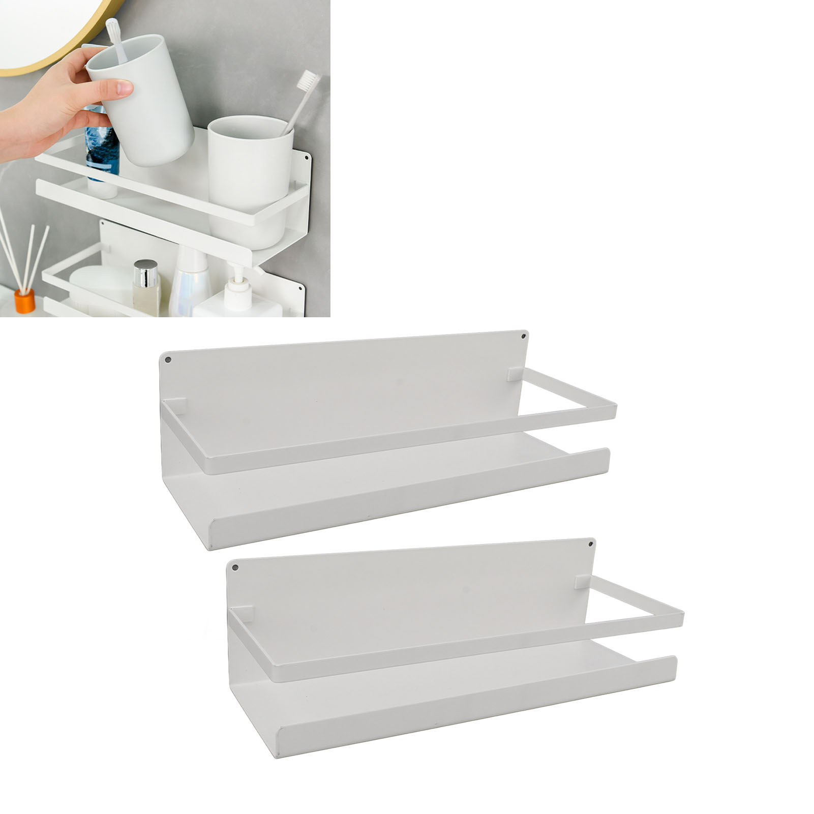 Badezimmerregal Ohne Bohren, Weißes Waschtischregal, Magnetisches Wandregal Mit Haken, Weißer Rand.