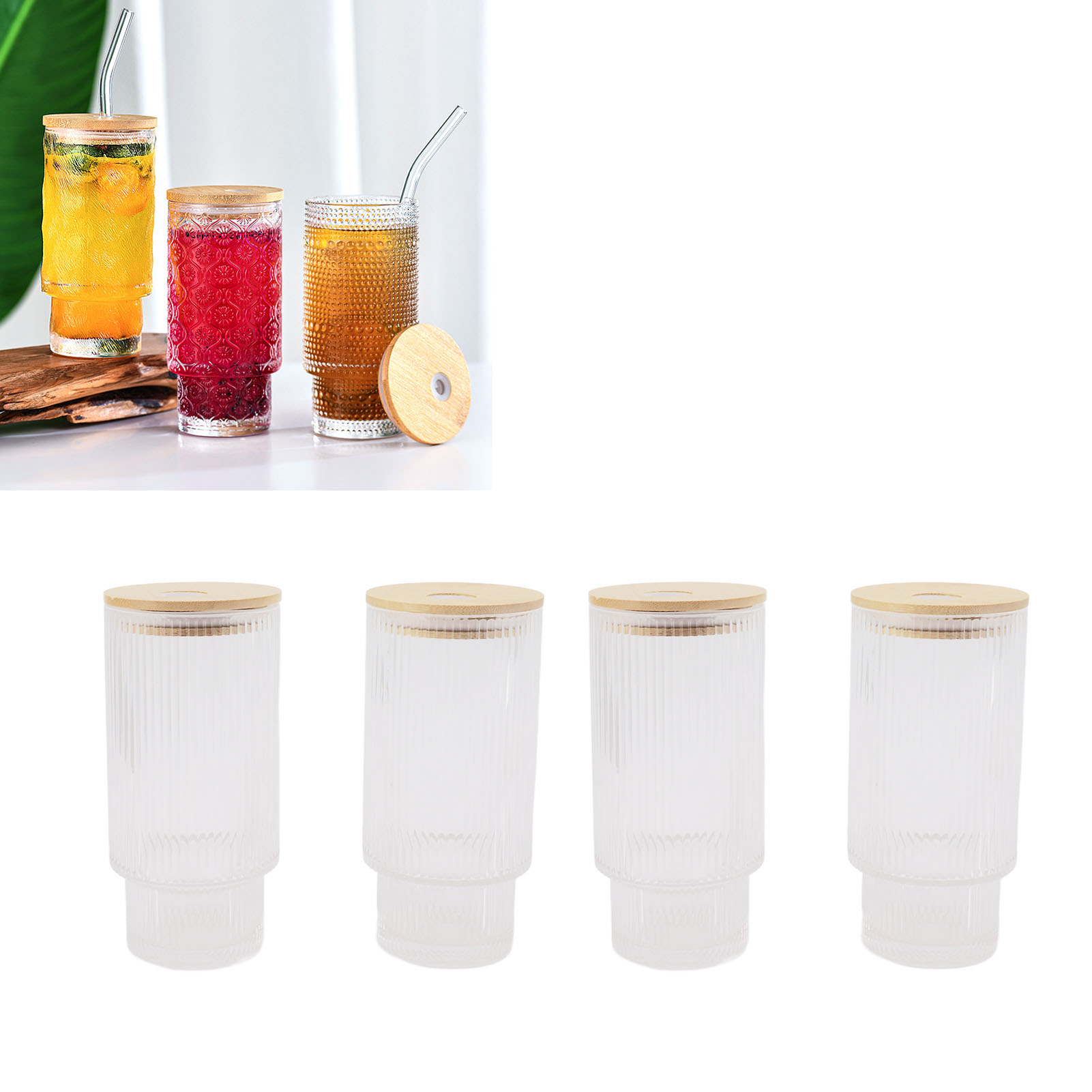 Set Aus Stapelbaren 325-ml-bechern (11 Oz) Für Milch, Kaffee, Cola Oder Bier, Gestreift, Mit Deckel Und Strohhalm.