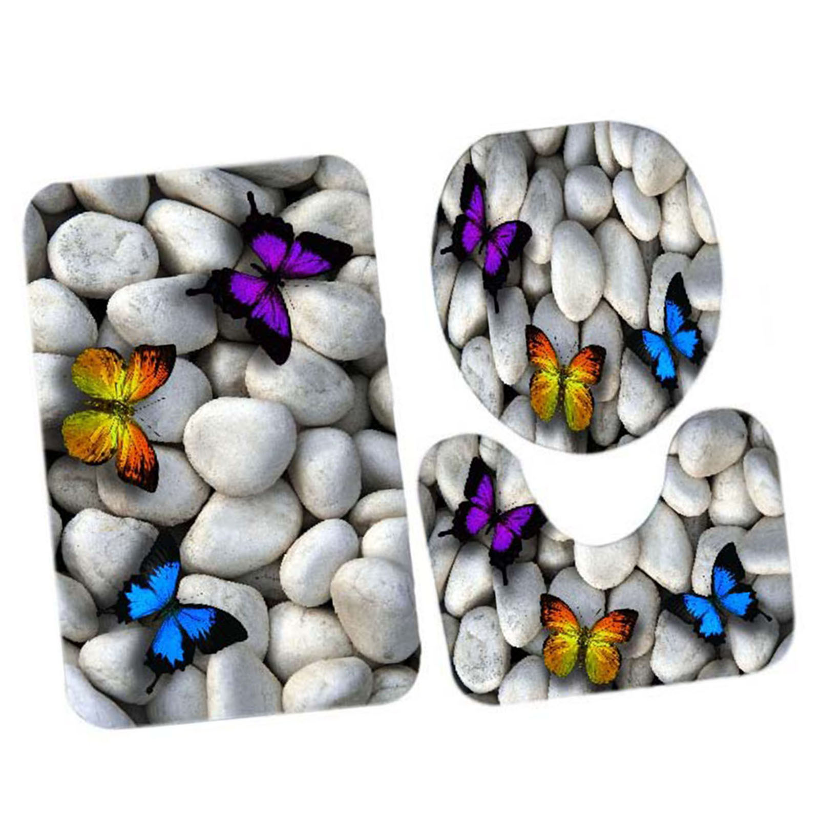 3d-gedrucktes Wc-sitz- Und Bodenmatten-set Aus Flanell Mit Schmetterlingsmuster Und 10 Mm Schwamm (3-teilig)