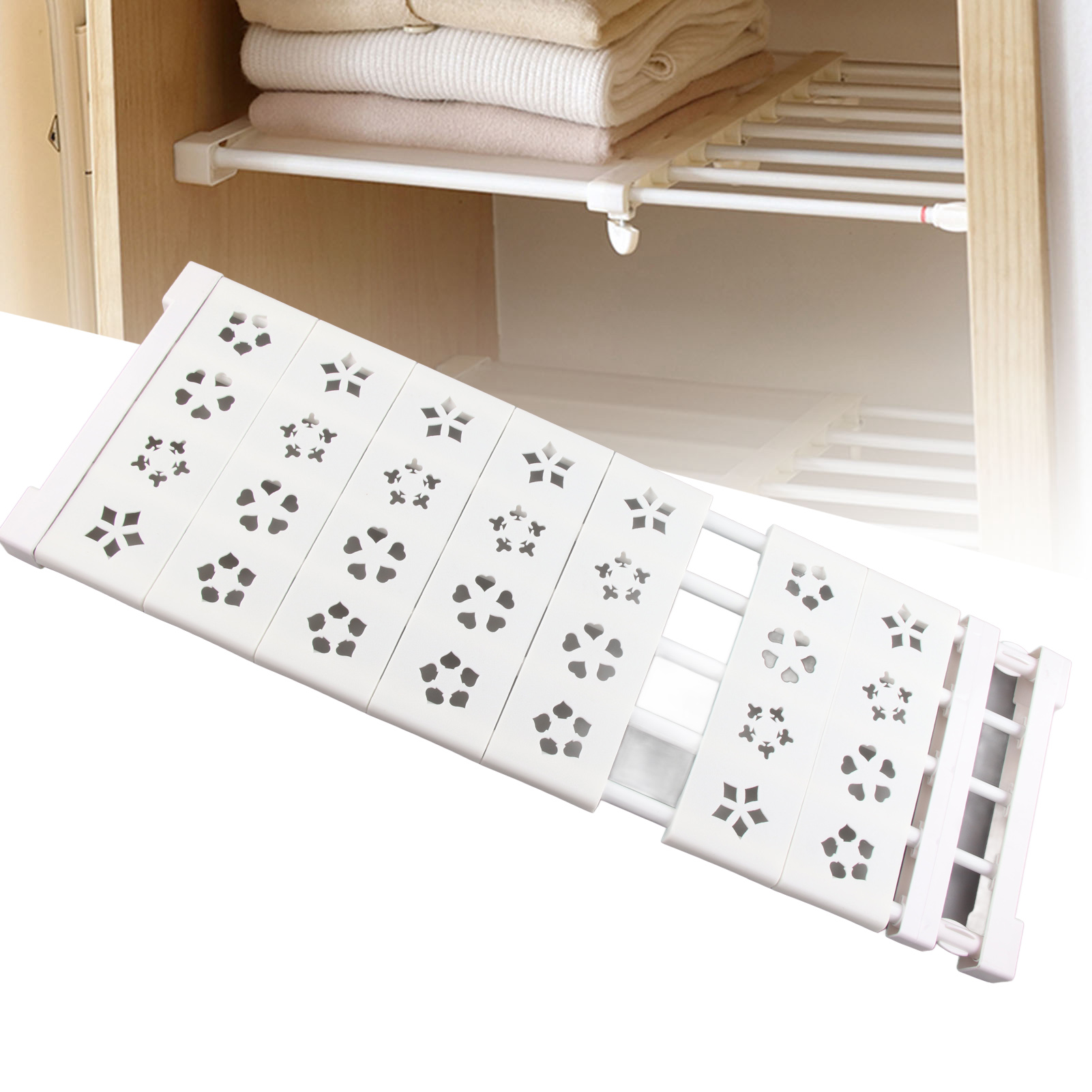 Teleskopierbare, Nagelfreie Aufbewahrungsfächer/regale Für Kleiderschrank/schuhregal/schrank Mit Weißem Blumenmuster, Regallänge 75-120 Cm
